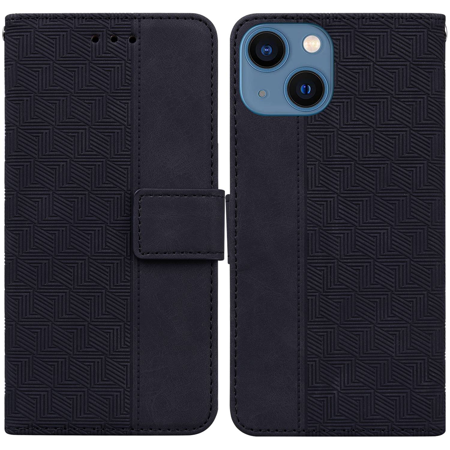 

For iPhone 14 Plus 6.7 inch Anti-scratch Geometry Pattern Imprinted Case Stand Wallet Drop-proof PU Leather Phone Shell with Handy Strap - Black, iPhone 14 Plus