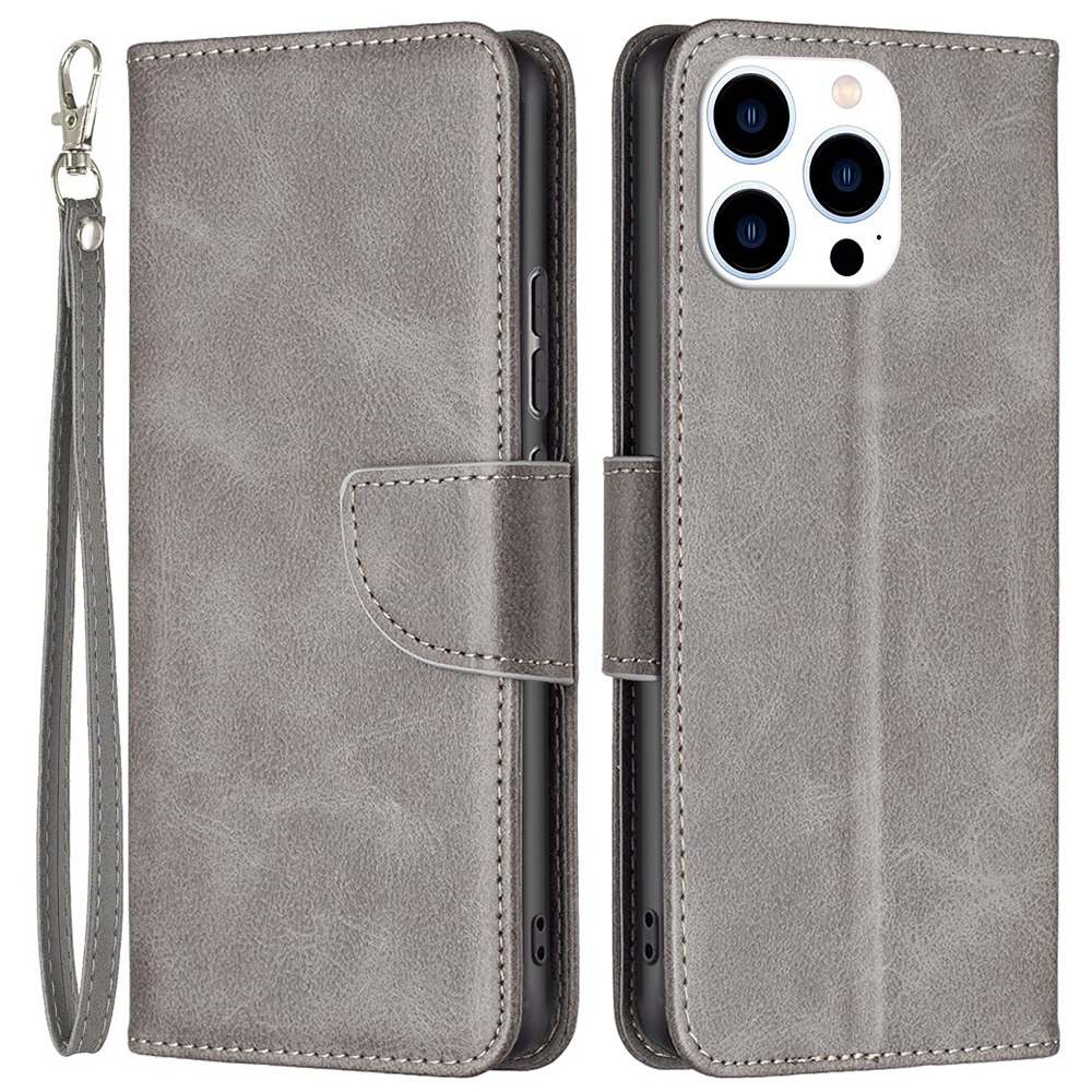 

For iPhone 14 Pro 6.1 inch BF Leather Series-4 Magnetic Clasp Full Protection Wallet Leather Phone Case Stand Shell with Wrist Strap - Grey, iPhone 14 Pro
