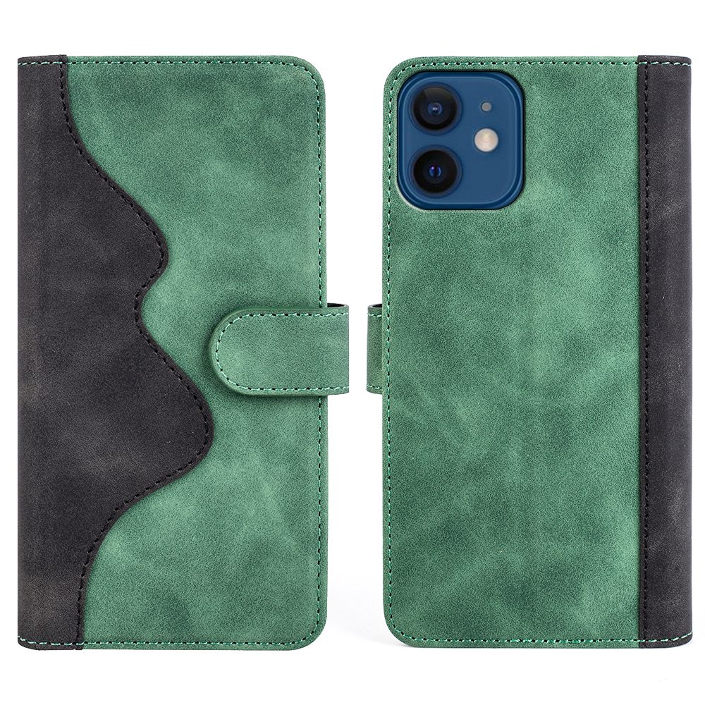 

Leather Case for iPhone 12 mini 5.4 inch, Color Splicing Wallet Protective Phone Cover with Adjustable Stand - Green, iPhone 12 mini