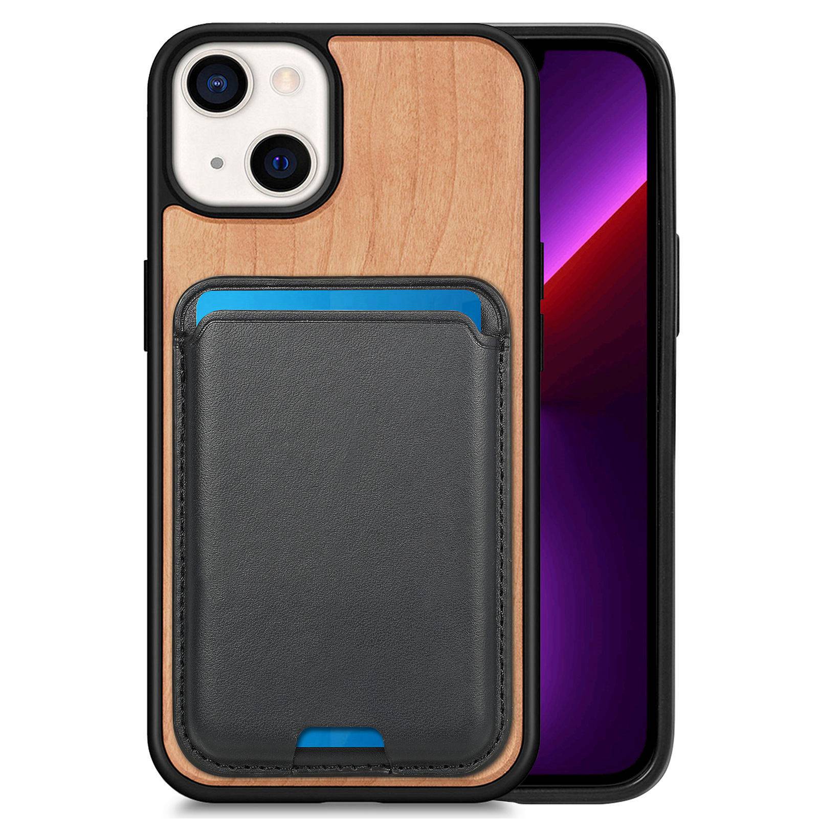 

Дерево + Корпус TPU Для Iphone 13 6,1 Дюйма, Магнитная Съемная Держатель Карты Защитная Крышка - Вишня, iPhone 13