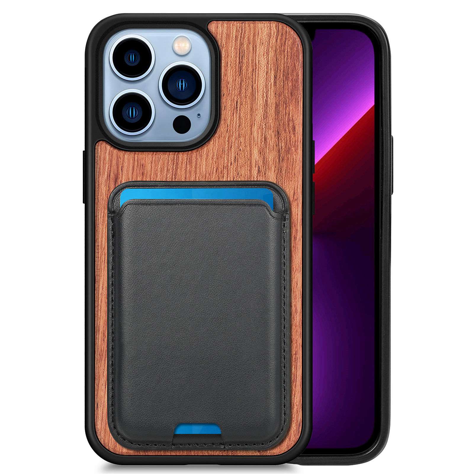 

For iPhone 13 Pro Max 6.7 inch Detachable 2-in-1 Card Holder Case Wood + TPU Hybrid Phone Cover - Rosewood, iPhone 13 Pro Max