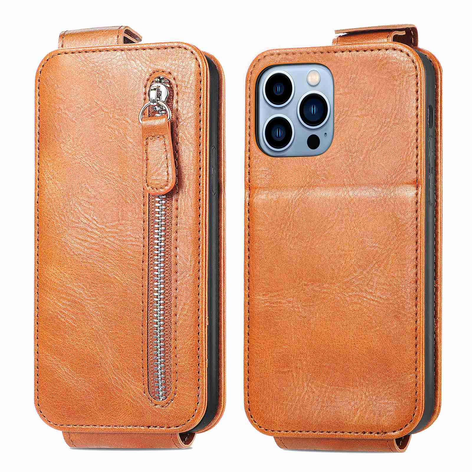

Vertical Flip Phone Protective Cover for iPhone 13 Pro 6.1 inch, Zipper Wallet PU Leather + TPU Stand Case - Brown, iPhone 13 Pro