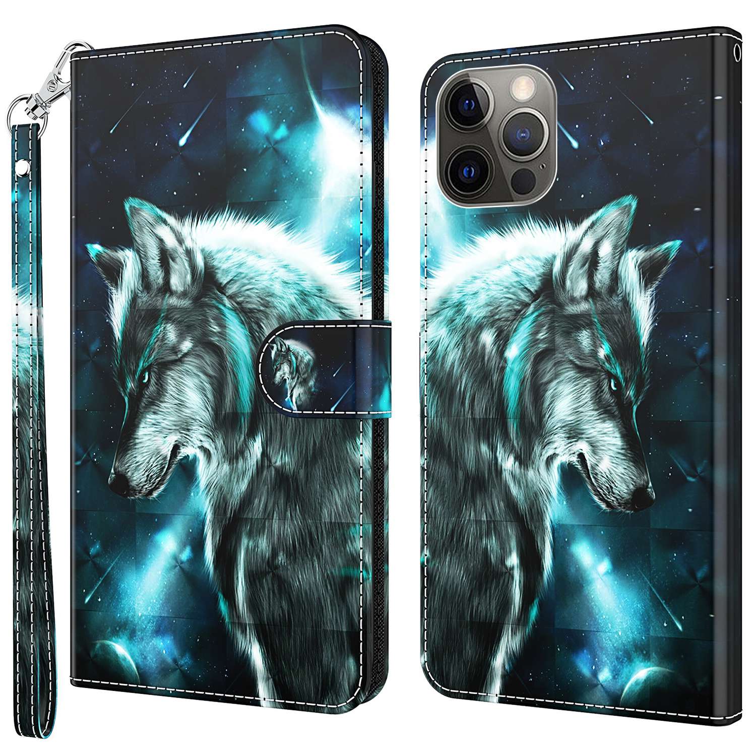 

For iPhone 14 Max 6.7 inch Anti-fall PU Leather Phone Case Stand 3D Pattern Printed Magnet Closure Wallet Shockproof Phone Cover with Strap - Wolf, iPhone 14 Max 6.7 inch