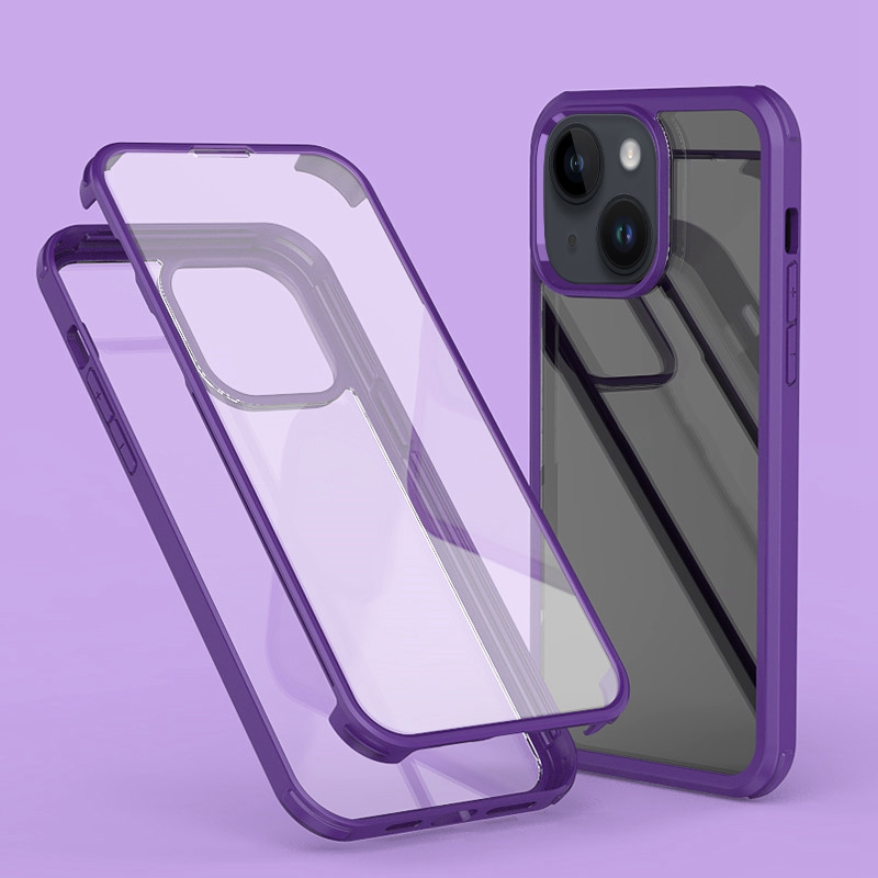 

For iPhone 14 HD Clear Anti-shock Phone Case Detachable 2-in-1 Double-sided Tempered Glass Scratch-resistant Phone Cover - Purple, iPhone 14