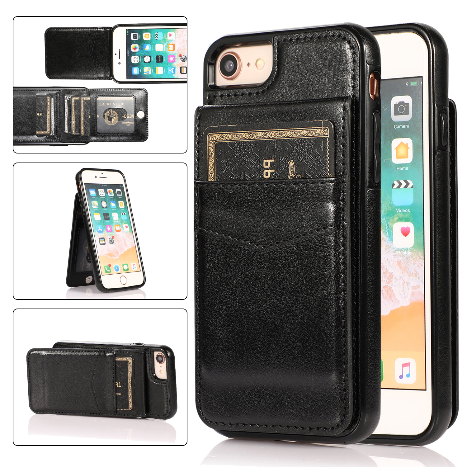 

Für Iphone 7 / 8 / SE (2020) / SE (2022) Kartenhalter Telefon Hülle Kickstand PU Leder + TPU -abdeckung - Schwarz, iPhone 7 4.7 inch
