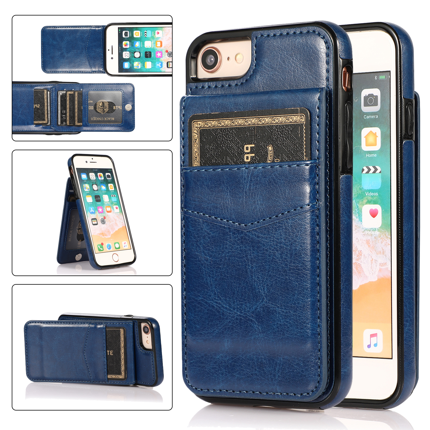 

Für Iphone 7 / 8 / SE (2020) / SE (2022) Kartenhalter Telefon Hülle Kickstand PU Leder + TPU -abdeckung - Dunkelblau, iPhone 7 4.7 inch