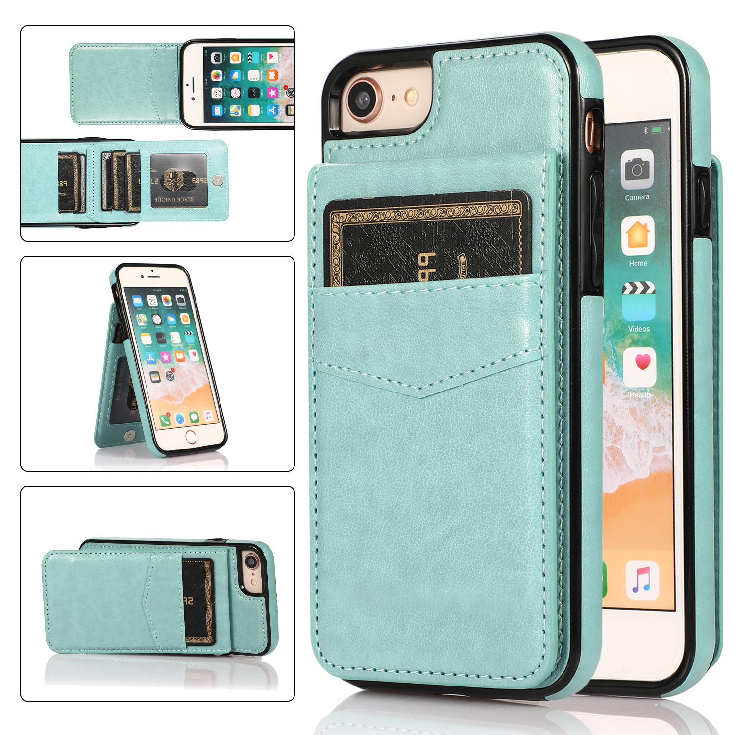 

Für Iphone 7 / 8 / SE (2020) / SE (2022) Kartenhalter Telefon Hülle Kickstand PU Leder + TPU -abdeckung - Minzgrün, iPhone 7 4.7 inch