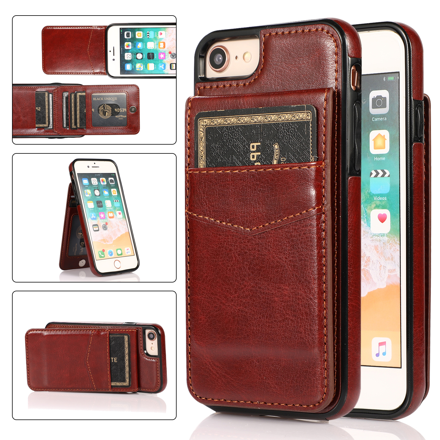

Für Iphone 7 / 8 / SE (2020) / SE (2022) Kartenhalter Telefon Hülle Kickstand PU Leder + TPU -abdeckung - Braun, iPhone 7 4.7 inch