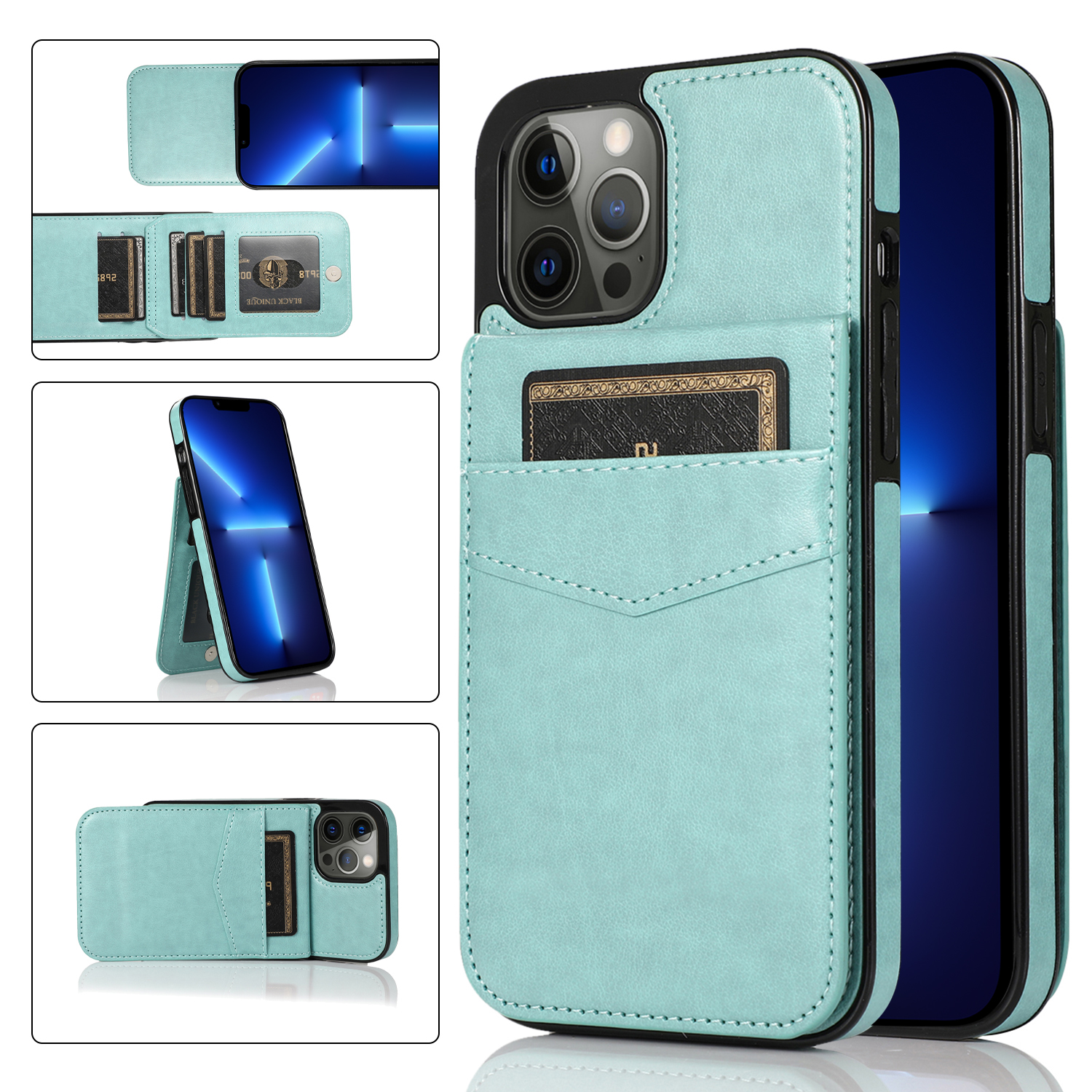 

Kartenhalter -telefonabdeckung Für Iphone 13 Pro, pu Leder + TPU -hülle Mit Kickstand - Minzgrün, iPhone 13 Pro