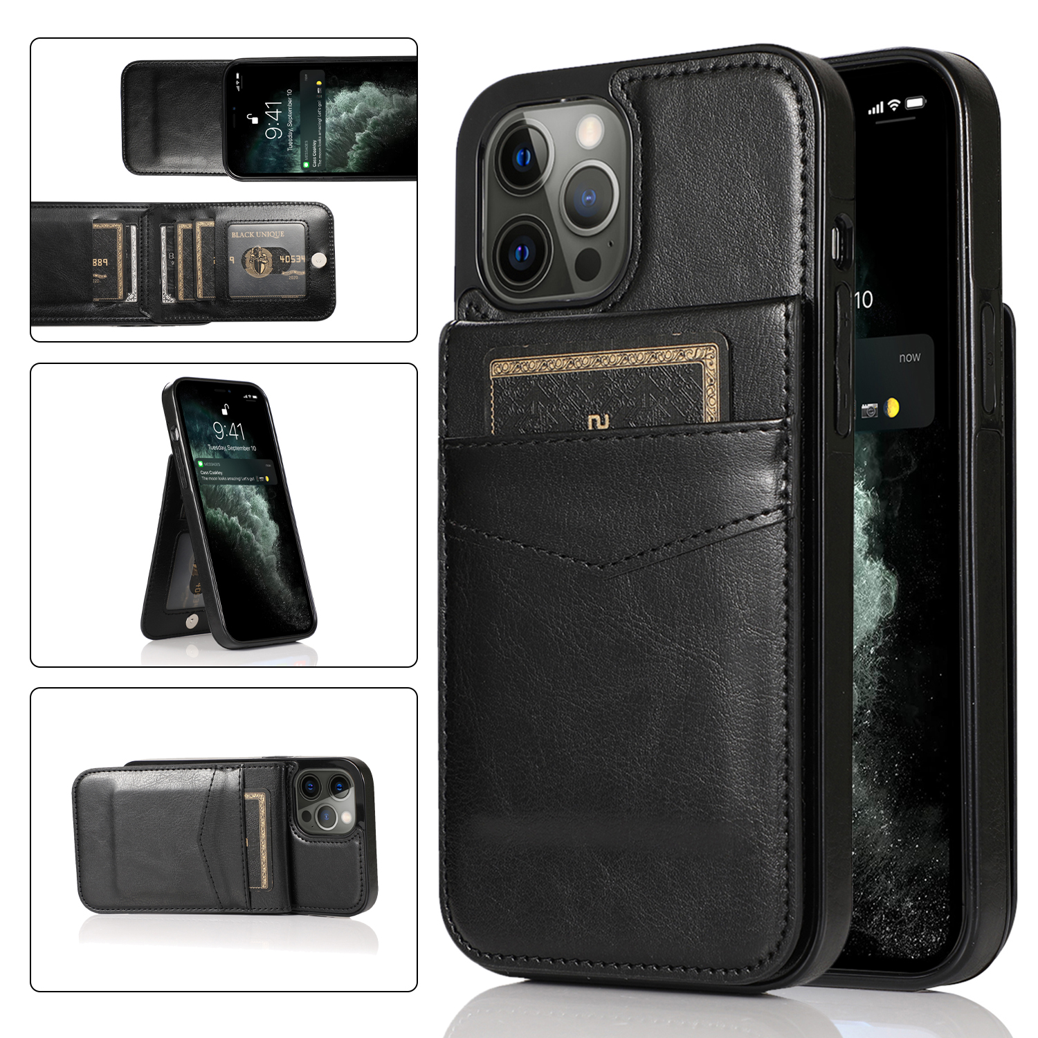 

Lederbeschichtete TPU -kickstand -hülle Für Iphone 12 Pro Max, Kartenhalter -handyabdeckung - Schwarz, iPhone 12 Pro Max