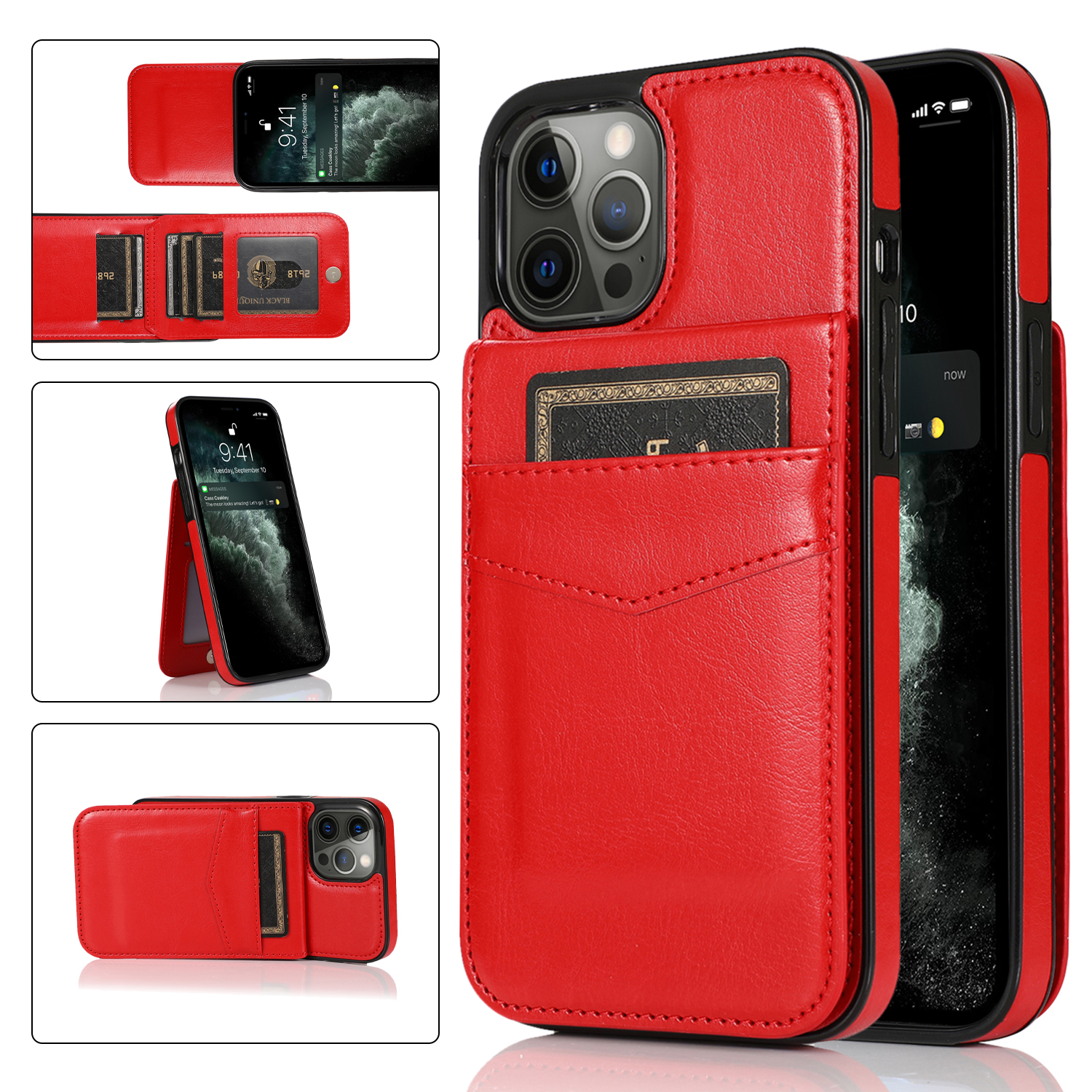 

Lederbeschichtete TPU -kickstand -hülle Für Iphone 12 Pro Max, Kartenhalter -handyabdeckung - Rot, iPhone 12 Pro Max