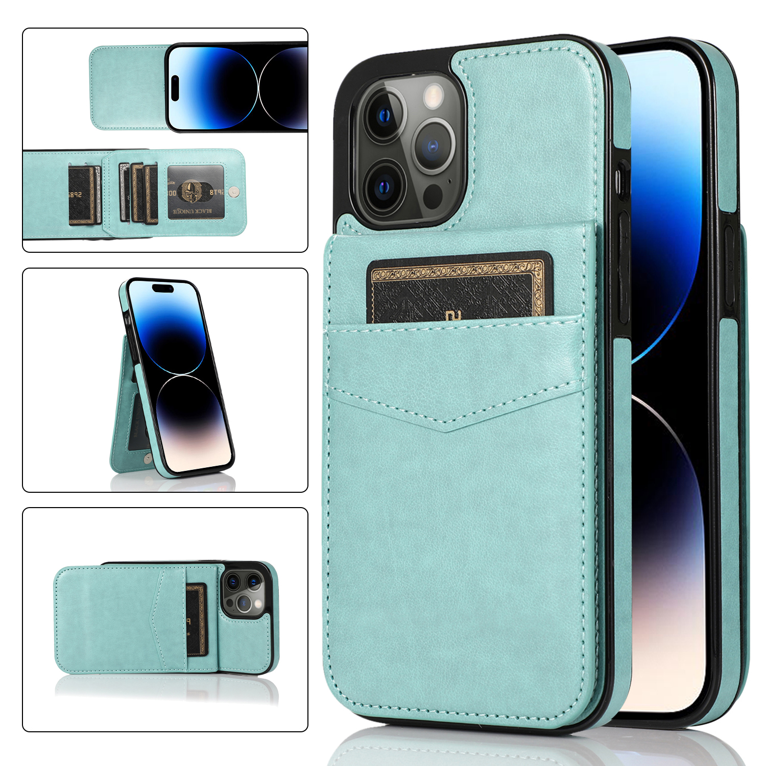 

Kickstand -telefonabdeckung Für Iphone 14 Pro Max, PU Leder + TPU -hülle Mit Kartenhalter - Minzgrün, iPhone 14 Pro Max