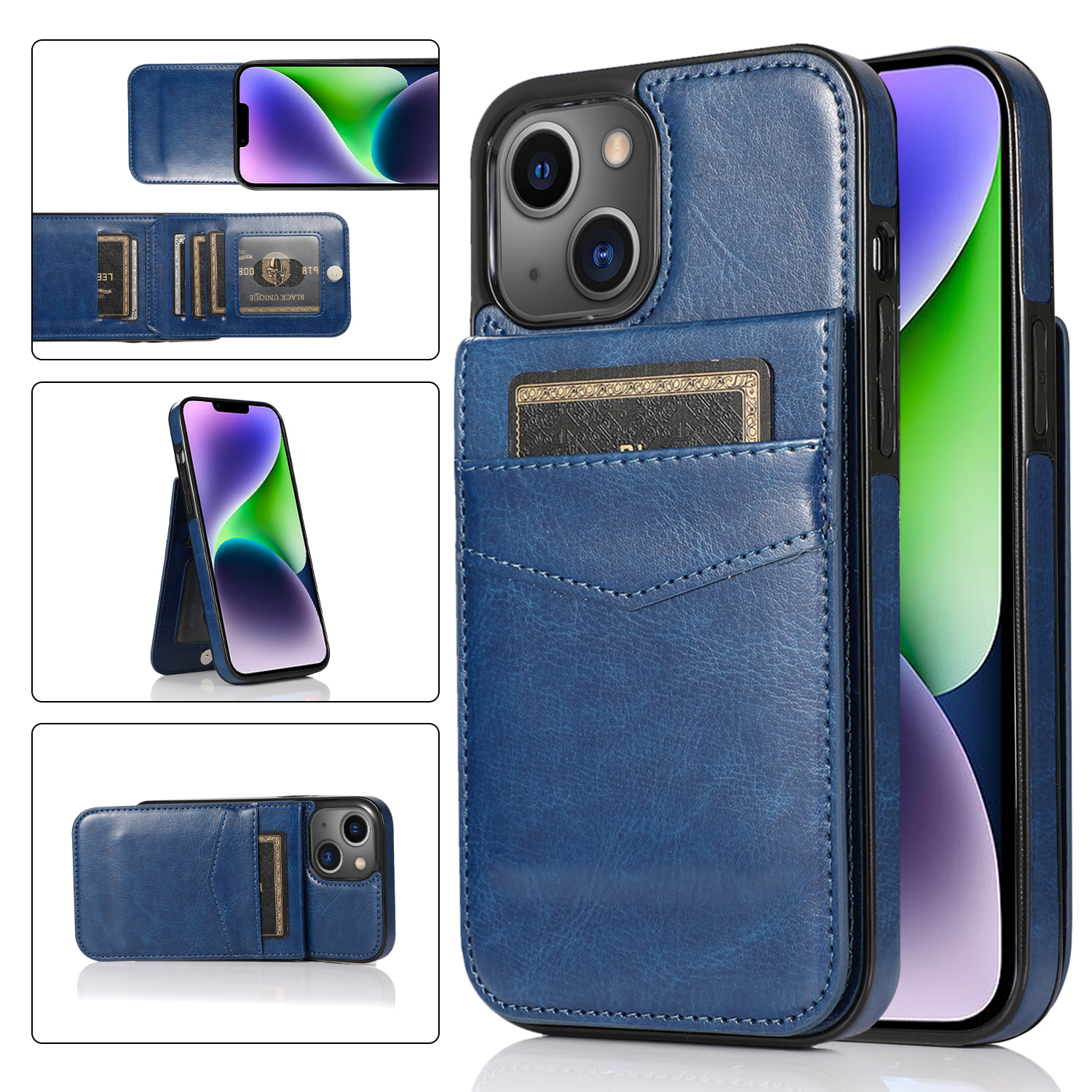

Für Iphone 13 / 14 Kartenhalter PU Leder Beschichtete TPU -telefonhülle Kickstand -smartphone -cover - Dunkelblau, iPhone 13