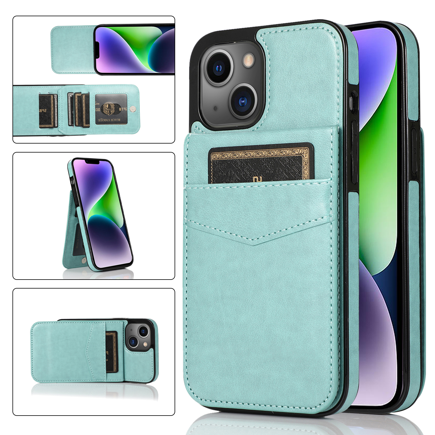 

Für Iphone 13 / 14 Kartenhalter PU Leder Beschichtete TPU -telefonhülle Kickstand -smartphone -cover - Minzgrün, iPhone 13