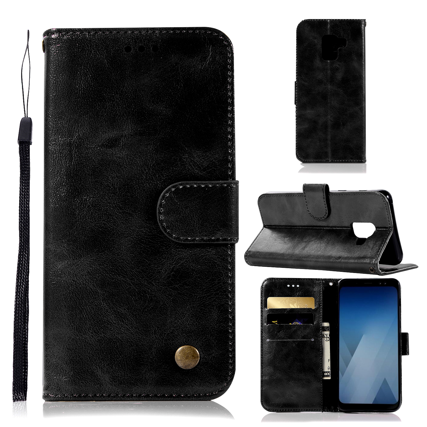 

Premium Vintage PU Leather Wallet Stand Case for Samsung Galaxy A8 (2018) - Black, Galaxy A8 (2018)