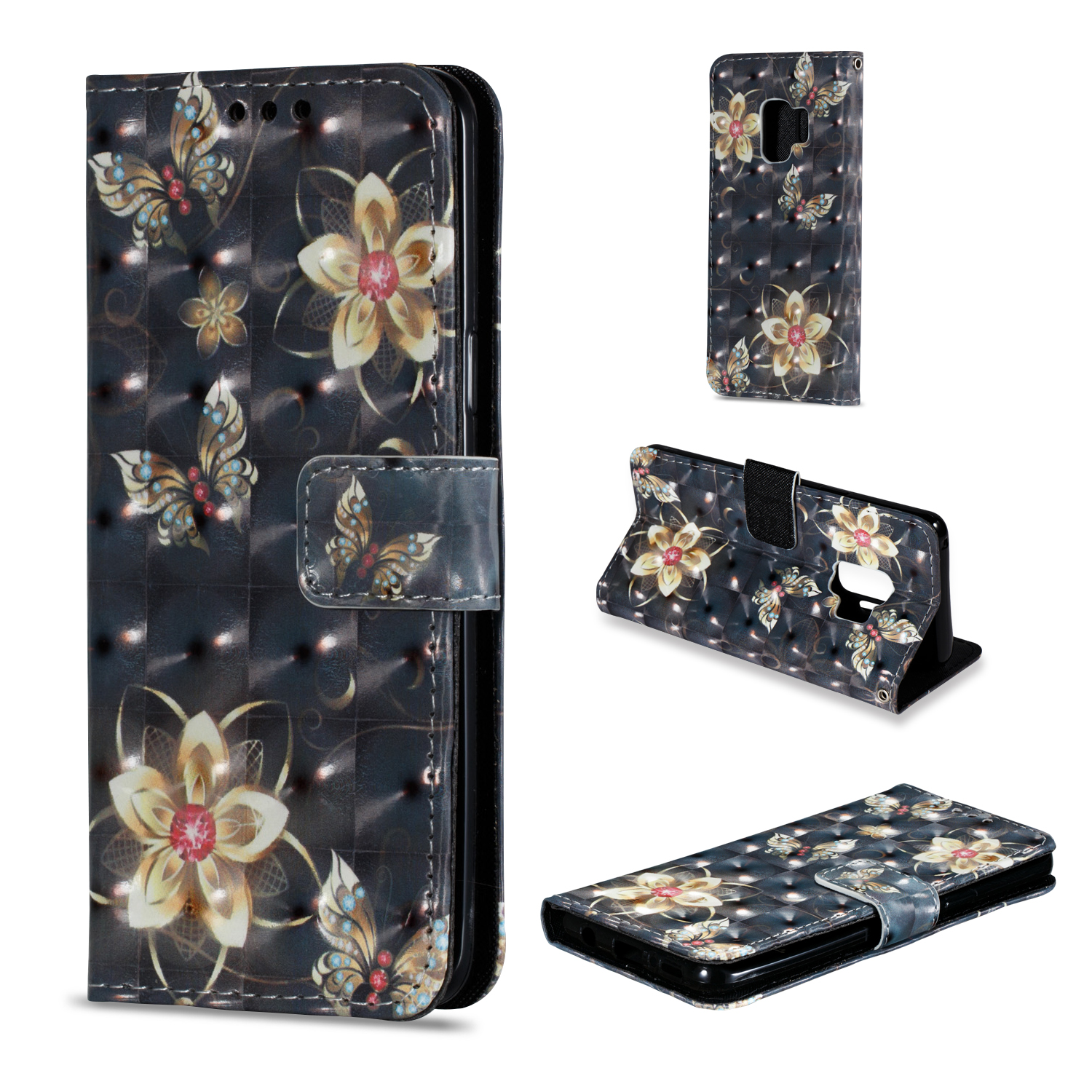 

Pattern Printing Leather Wallet Shell Case Cover for Samsung Galaxy S9 - Butterfly and Flower, Galaxy S9