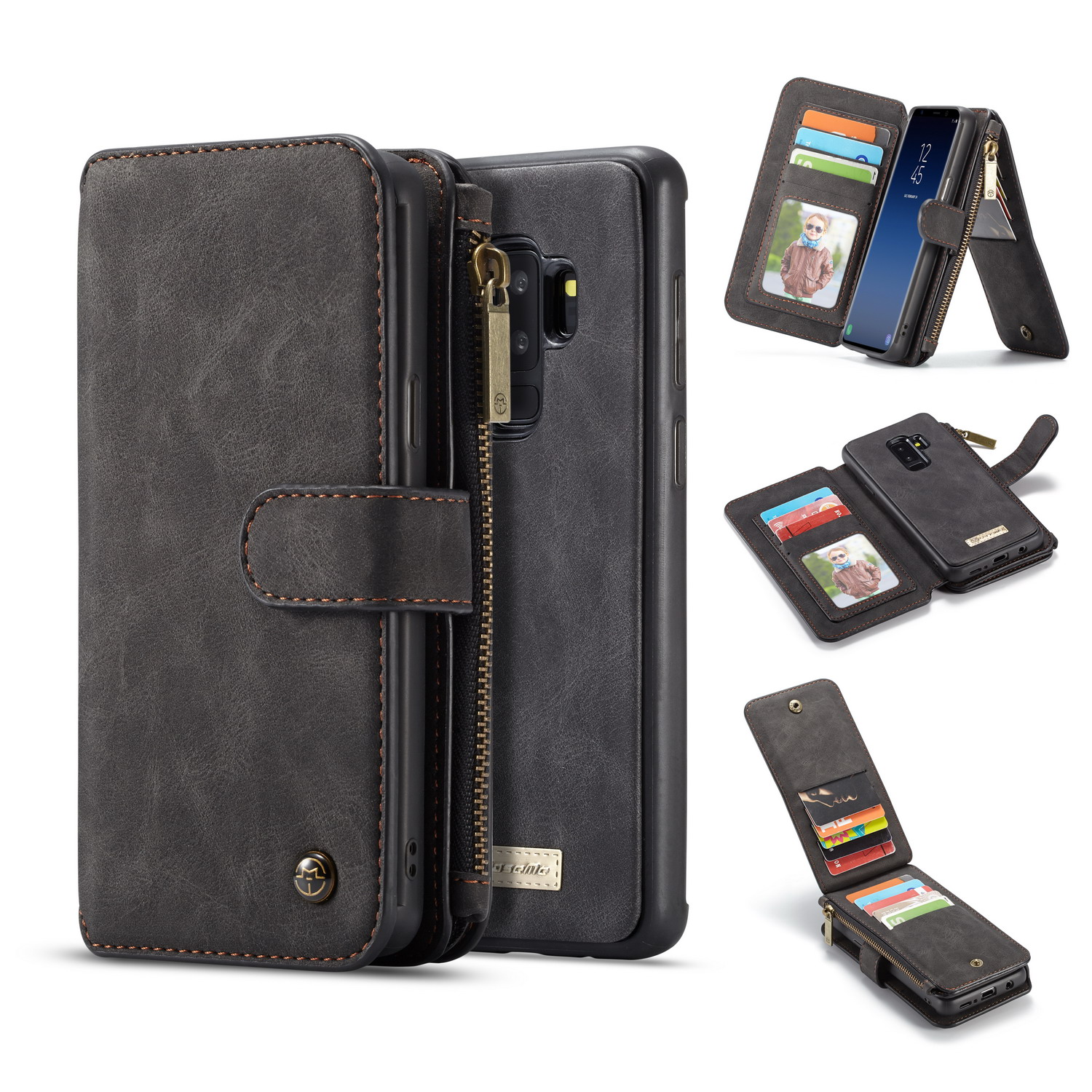 

Caseme 2-в-1 Съемный Кожаный Кожаный Кожаный Кожаный Корпус Для Samsung Galaxy S9 + SM-G965 - Чернить, Galaxy S9+