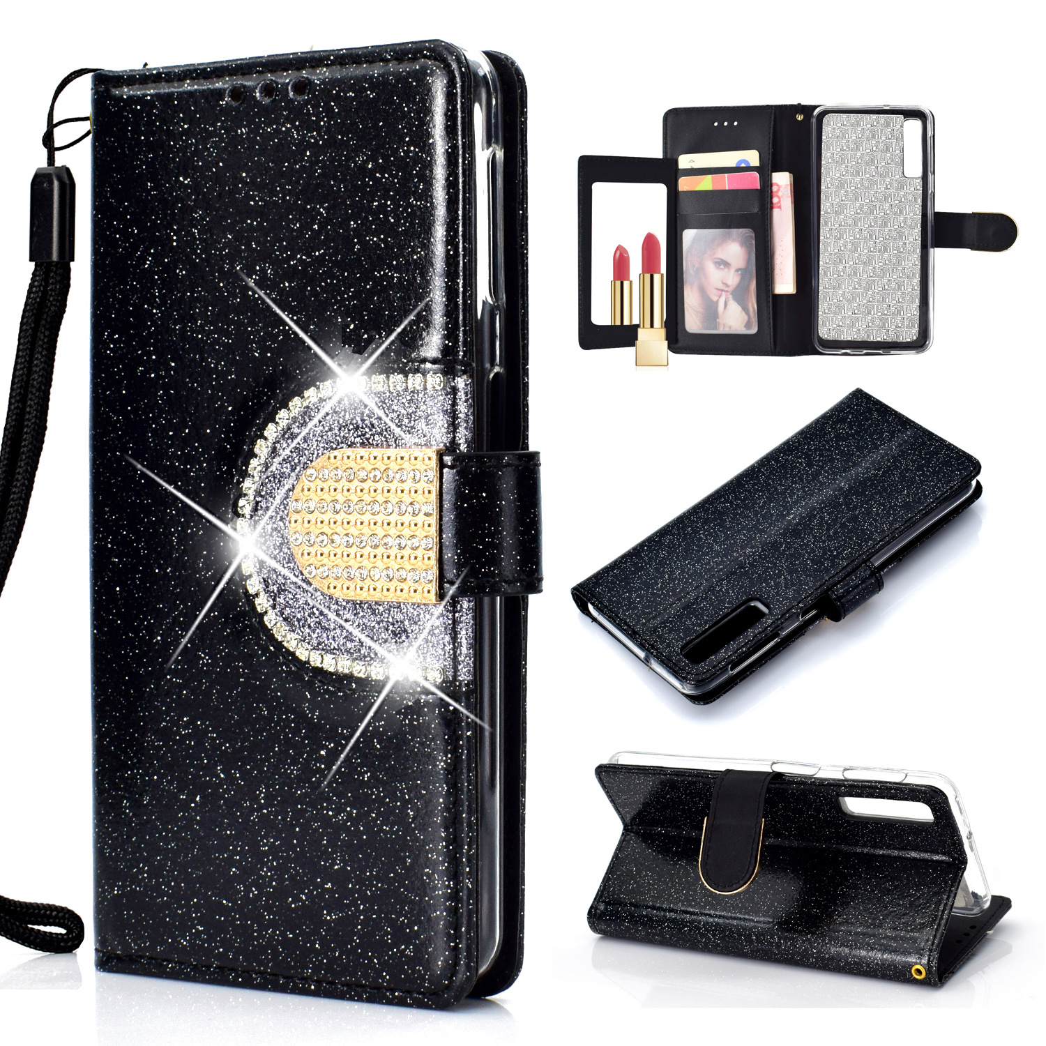 

Для Samsung Galaxy A7 (2018) Blitter Blearth Cource Cource A750 [Rhinestone Decor] [с Зеркалом] - Чернить, Galaxy A7 (2018)