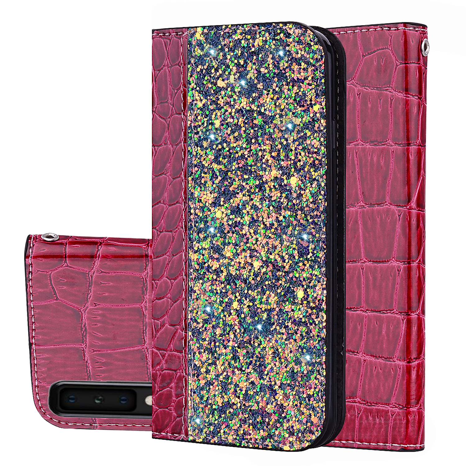 

Crocodile Texture Splicing Glittery Sequins Leather Phone Case for Samsung Galaxy A7 (2018) - Red, Galaxy A7 (2018)