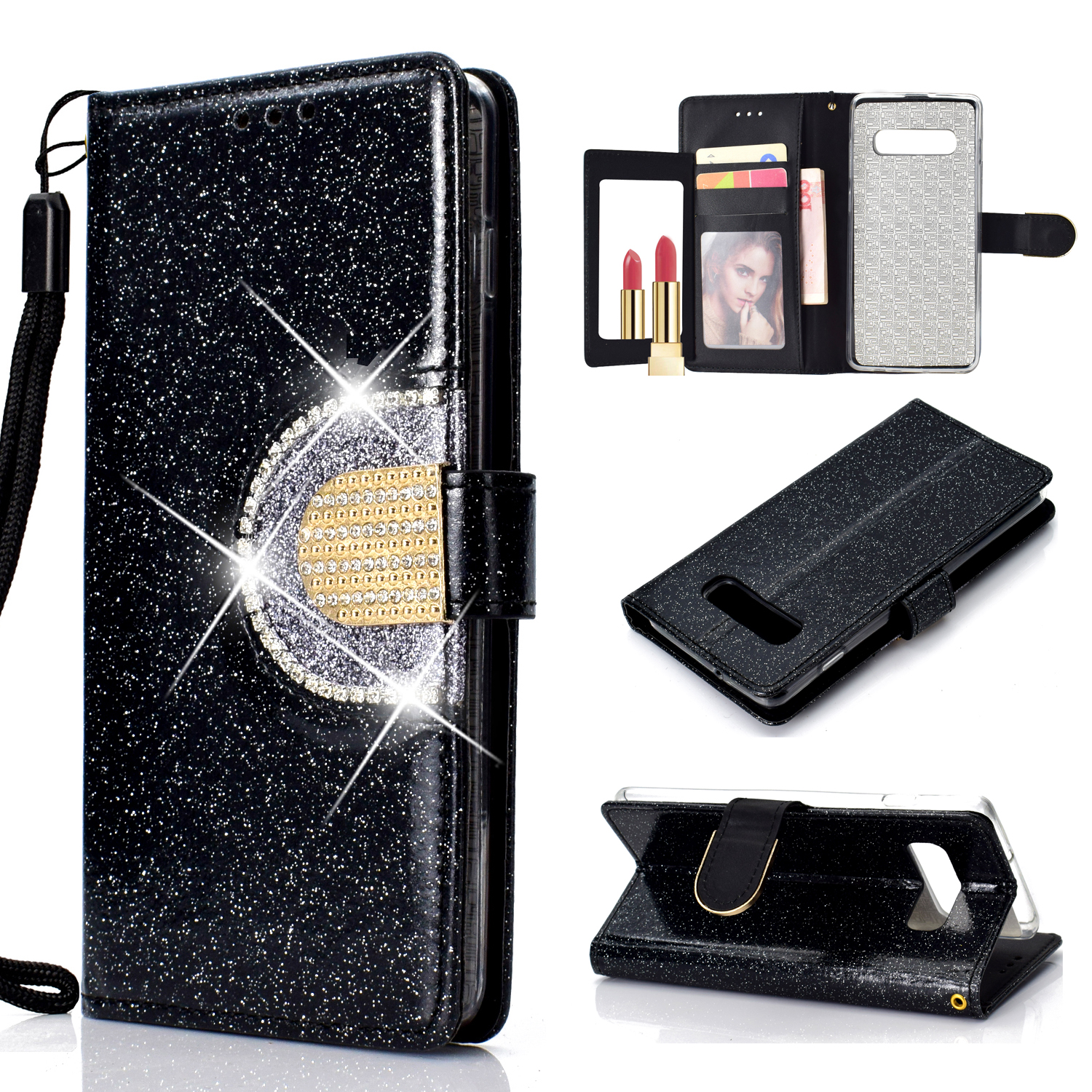 

Для Samsung Galaxy S10 Плюс Блестящий Порошок Из Кожи [Rhinestone Decor] [с Зеркалом] - Чернить, Galaxy S10 Plus