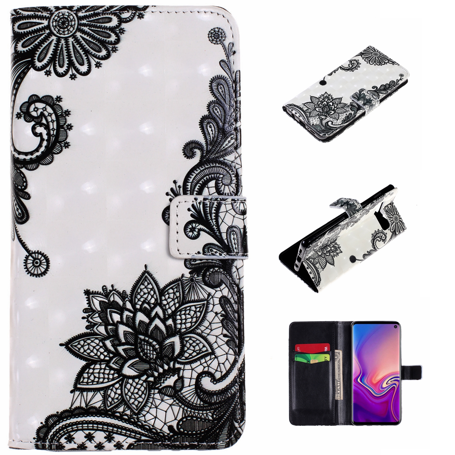 

For Samsung Galaxy S10 Embossed Pattern [Light Spot Decor] Leather Wallet Shell with Stand - Lace Flower, Galaxy S10