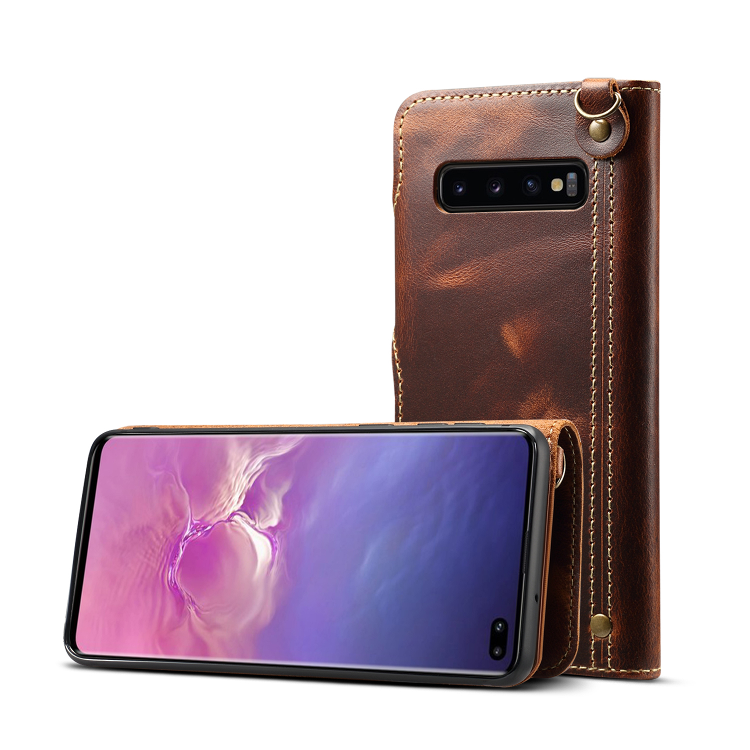

Genuine Wallet Leather Phone Cover with Lanyard for Samsung Galaxy S10 Plus - Brown, Galaxy S10 Plus