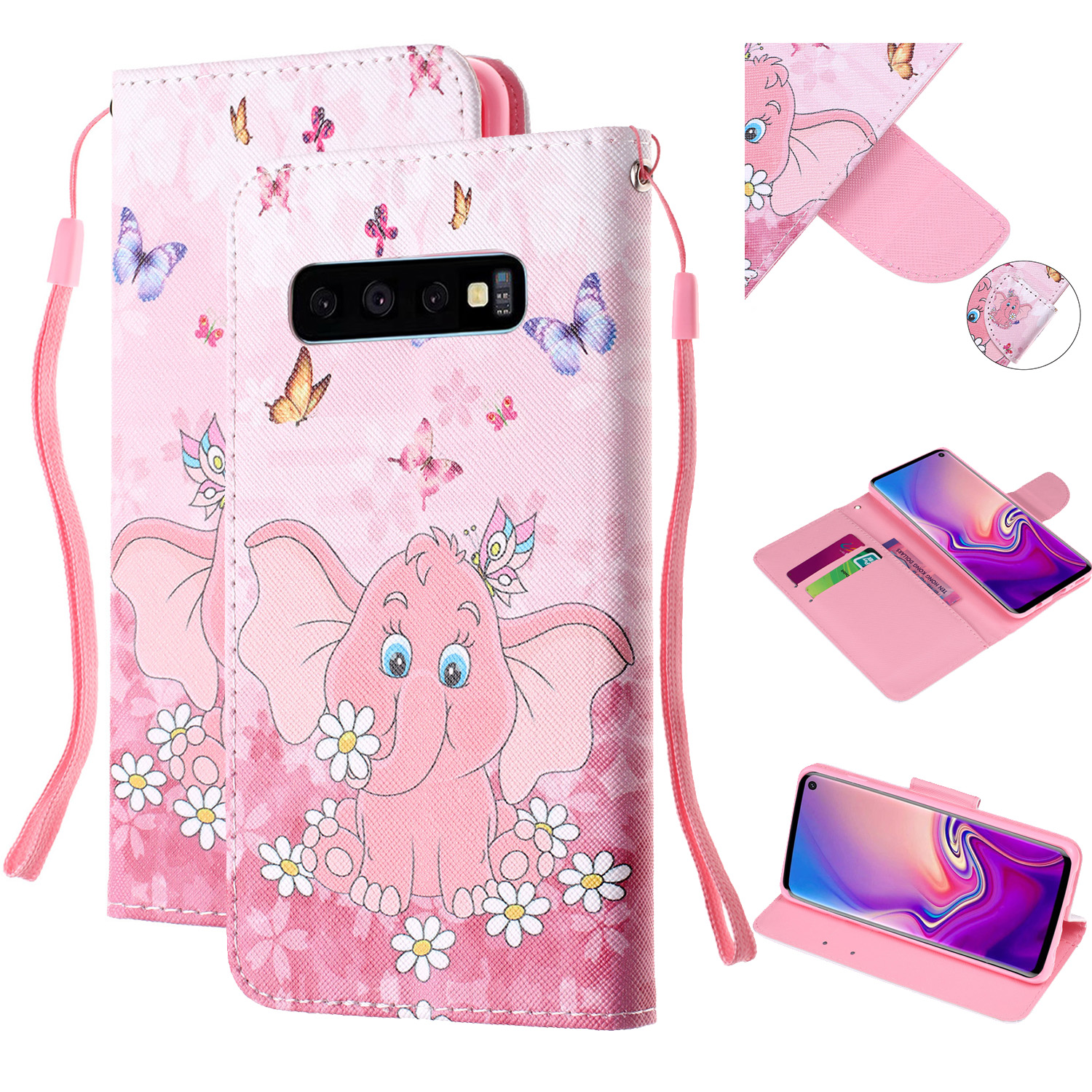 

For Samsung Galaxy S10 Patterned Wallet Leather Cell Phone Cover with Strap - Elephant and Flower, Galaxy S10