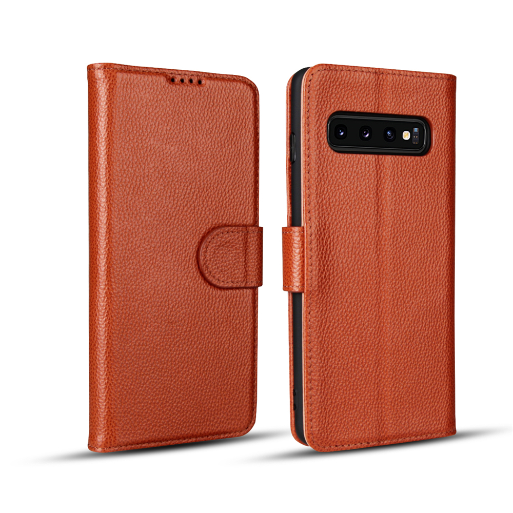 

Litchi Skin Genuine Leather Wallet Phone Case for Samsung Galaxy S10 Plus - Brown, Galaxy S10 Plus