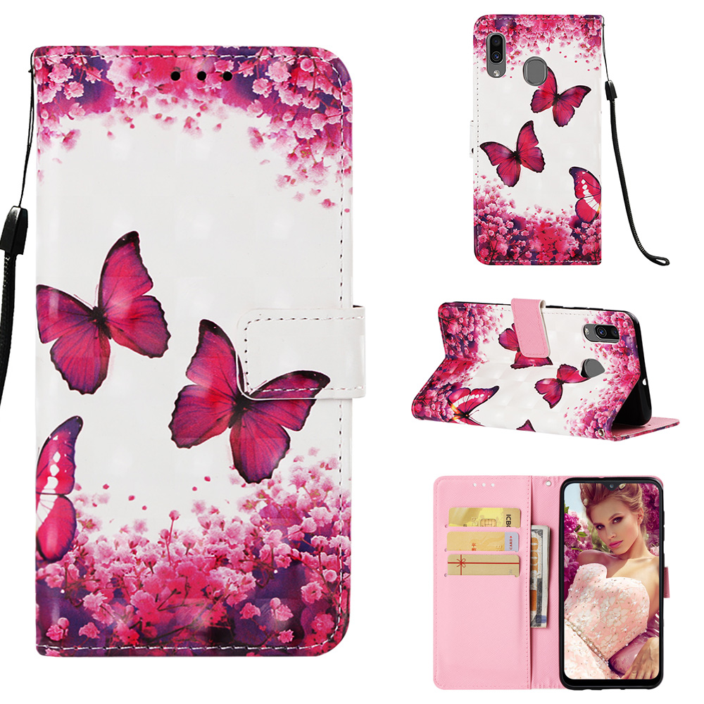 

Pattern Printing Wallet Stand Leather Cover for Samsung Galaxy A20/A30 - Butterflies and Flowers, Galaxy A20