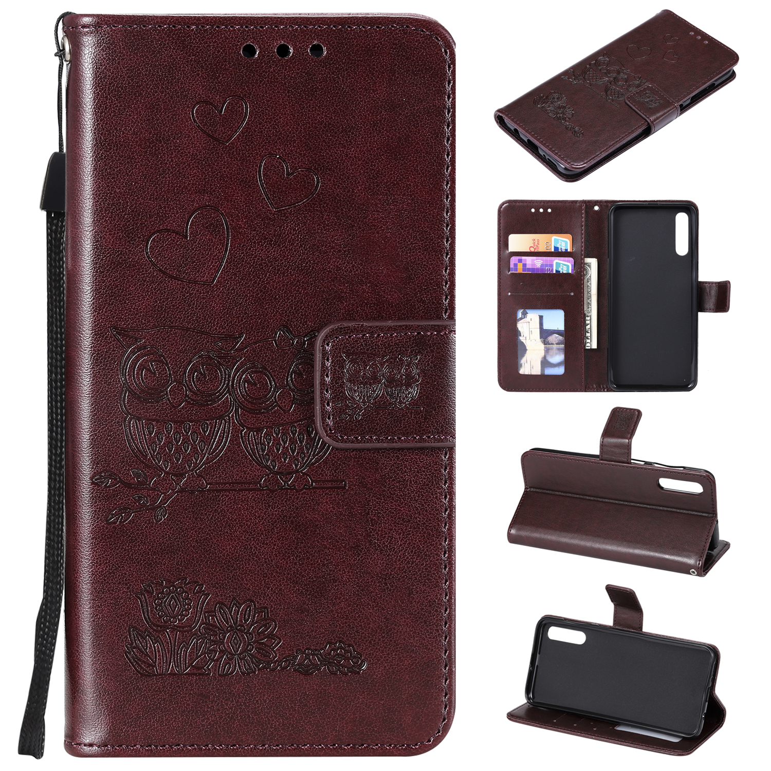

Imprinted Flower Owl Leather Wallet Case for Samsung Galaxy A70 - Brown, Galaxy A70