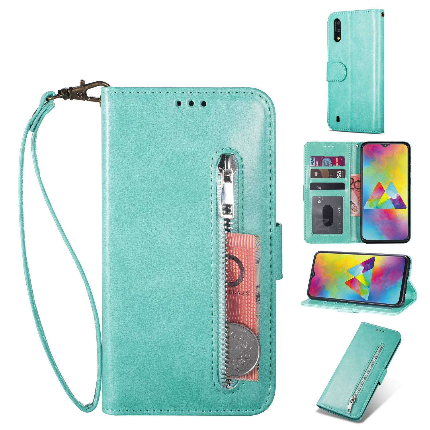 

Zipper Wallet Flip Stand Leather Phone Cover with Strap for Samsung Galaxy M10 / A10 - Cyan, Galaxy M10