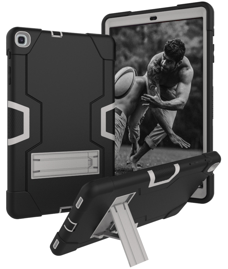 

Shock Proof Hybrid TPU + PC Tablet Cover with Kickstand for Samsung Galaxy Tab A 10.1 (2019) - Black / Silver, Galaxy Tab A 10.1 (2019)