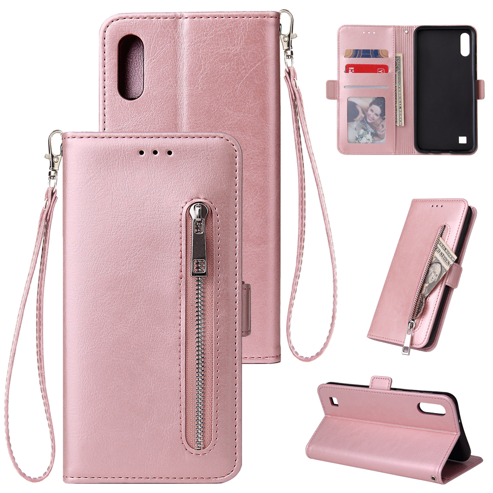 

For Samsung Galaxy A10 Zipper Leather Purse Phone Case Cover - Pink, Galaxy A10