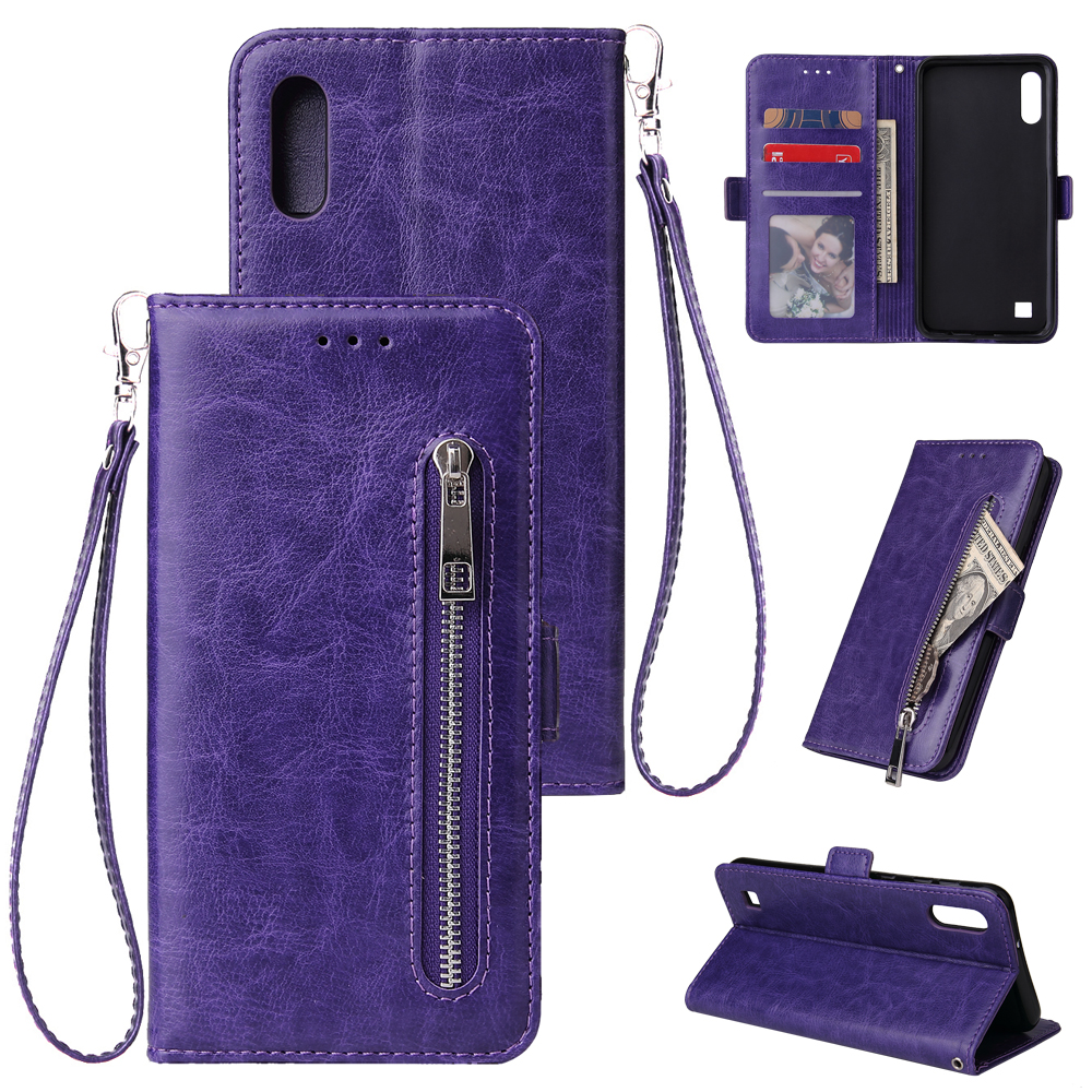 

For Samsung Galaxy A10 Zipper Leather Purse Phone Case Cover - Purple, Galaxy A10