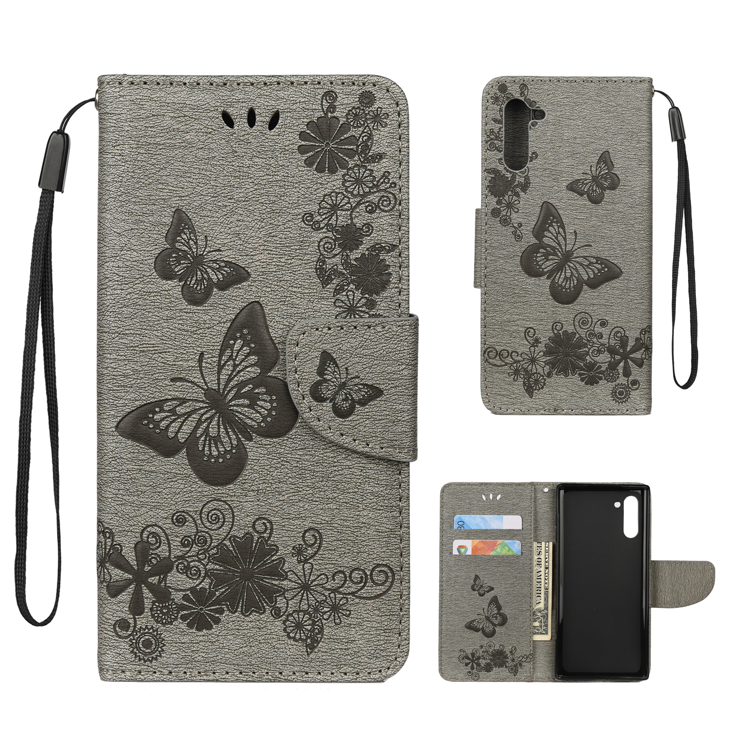

Imprint Butterfly Flower Leather Wallet Case for Samsung Galaxy Note 10/Note 10 5G - Grey, Galaxy Note 10