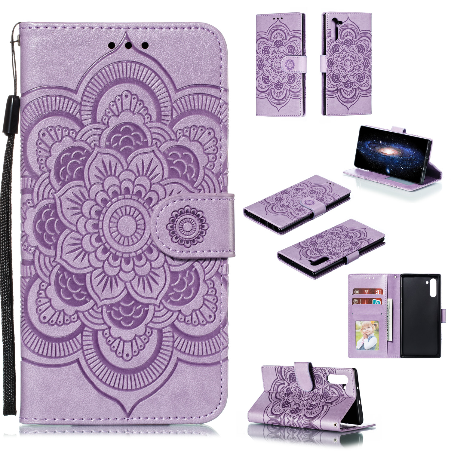 

Imprint Mandala Stylish Flower Leather Wallet Shell Case for Samsung Galaxy Note 10 / Note 10 5G - Panda - Purple, Galaxy Note 10
