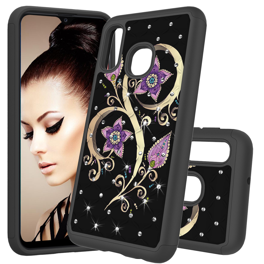

[Rhinestone Decor] Узорчатый PC + PU Кожаный Чехол Для Телефона Для Samsung Galaxy A20E / Galaxy A10E. - Цветы, Galaxy A20e