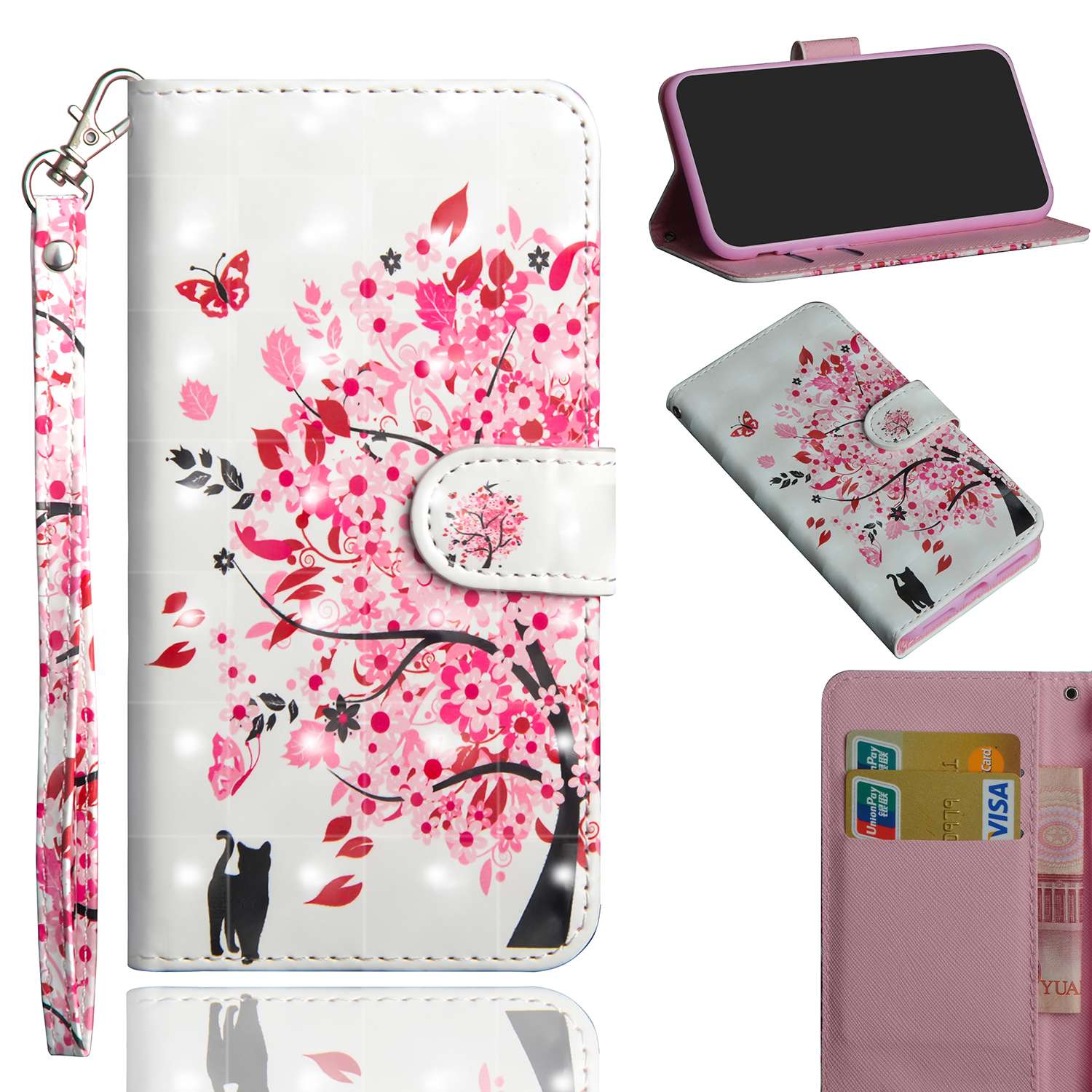 

3D Pattern Printing PU Leather Mobile Cover for Samsung Galaxy Note 10 / Note 10 5G - Cat and Flowered Tree, Galaxy Note 10