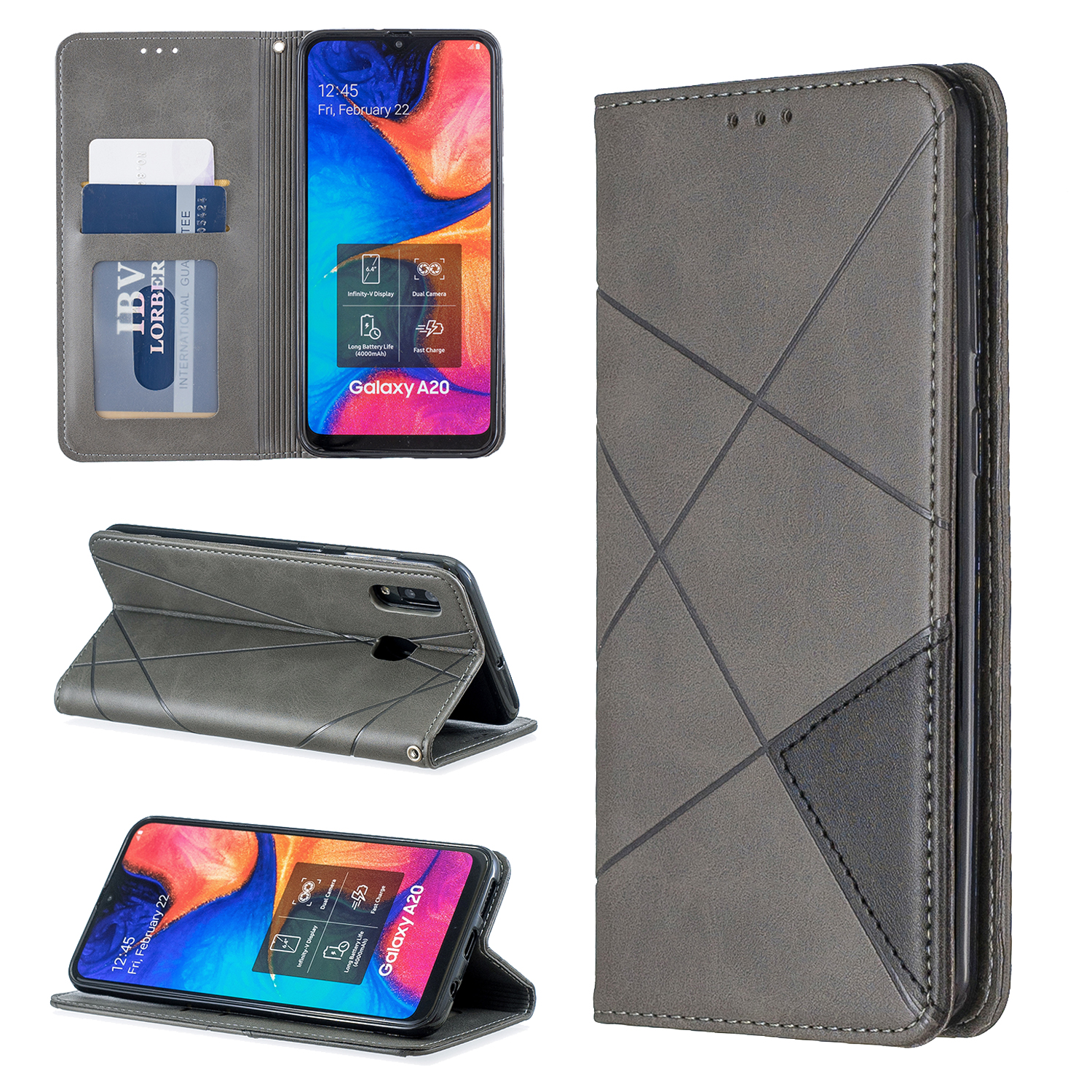

Geometric Pattern Leather Stand Case with Card Slots for Samsung Galaxy A20/A30 - Grey, Galaxy A20