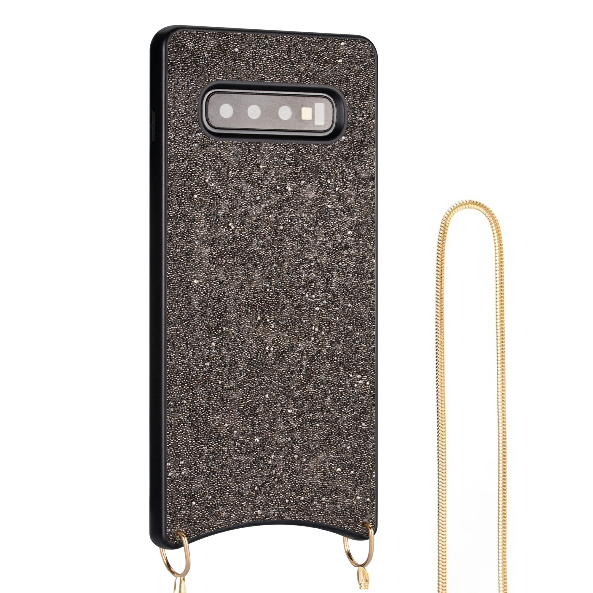 

For Samsung Galaxy S10 Plus Glittery Powder TPU Phone Case with Metal Strap - Black, Galaxy S10 Plus