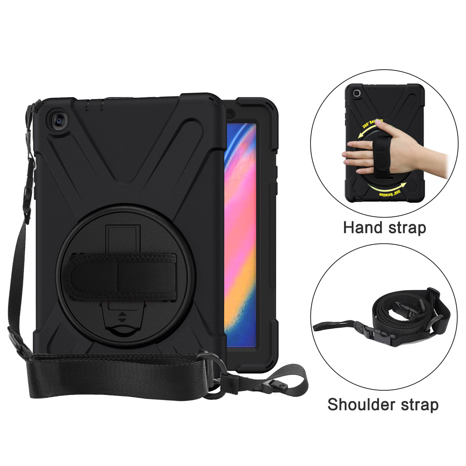 

[Built-in Hand Holder Strap] 360° Swivel PC + Silicone Combo Kickstand Tablet Case with Shoulder Strap for Samsung Galaxy Tab A 8.0 (2019) with S Pen SM-P200 - Black, Galaxy Tab A 8.0 (2019) with S Pen P200