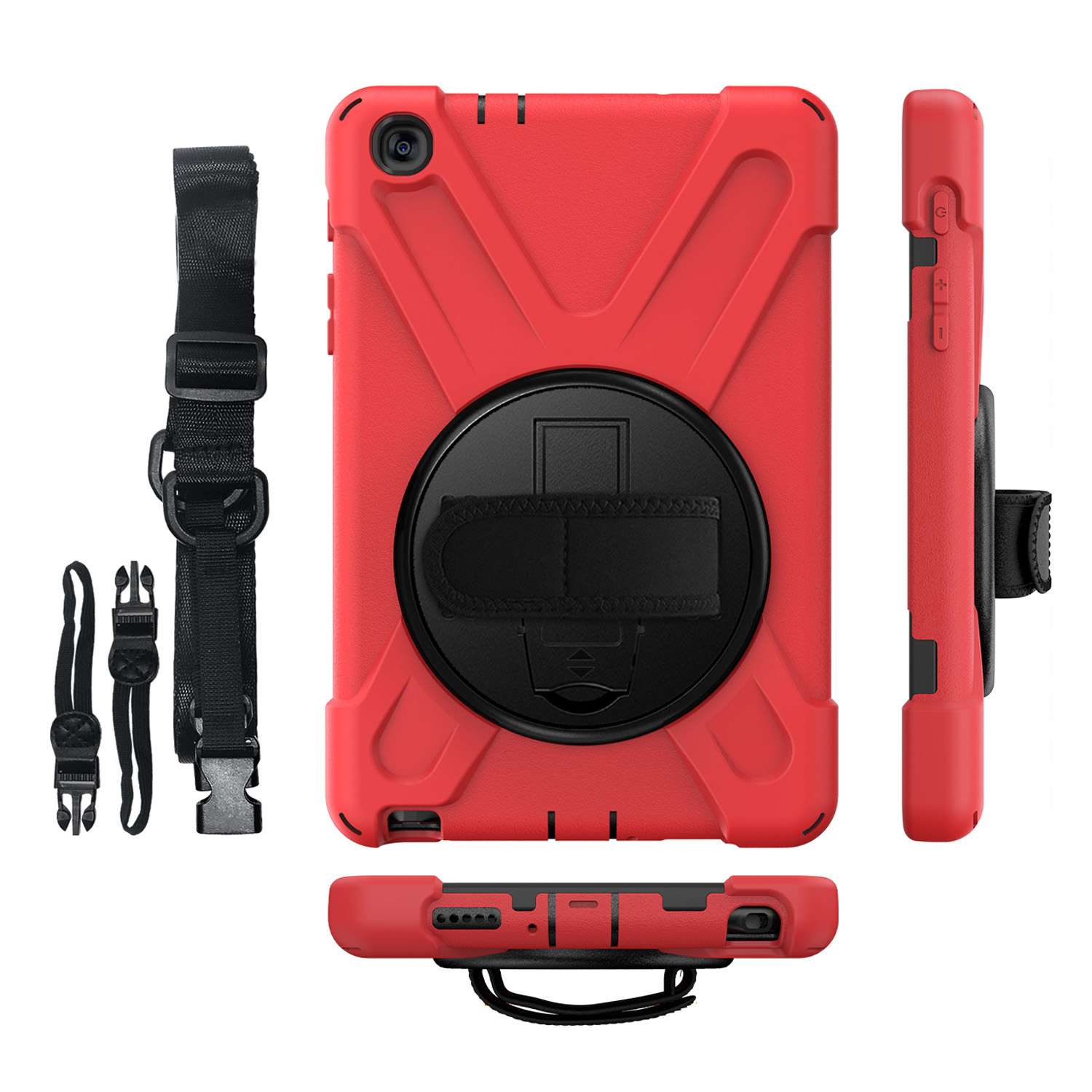 

[Built-in Hand Holder Strap] 360° Swivel PC + Silicone Combo Kickstand Tablet Case with Shoulder Strap for Samsung Galaxy Tab A 8.0 (2019) with S Pen SM-P200 - Red, Galaxy Tab A 8.0 (2019) with S Pen P200