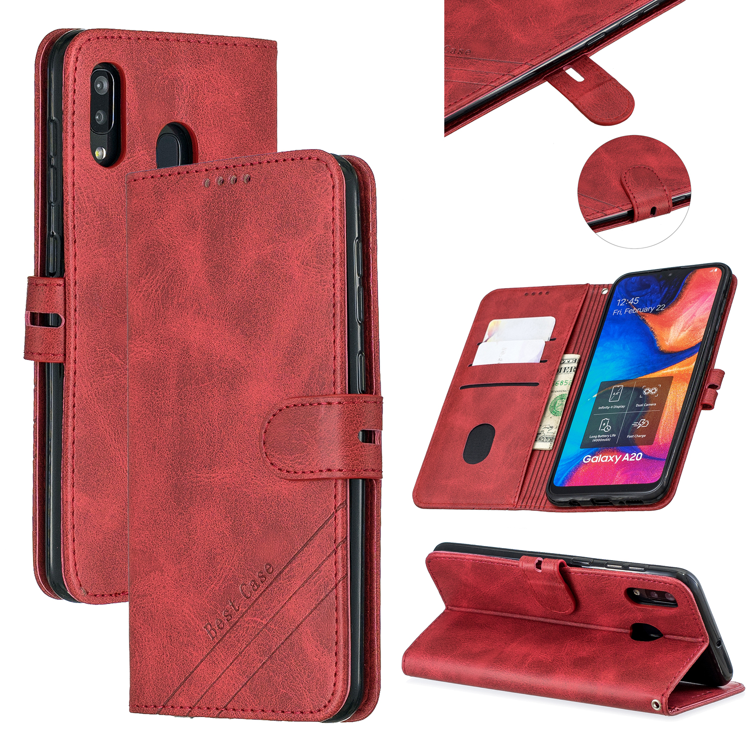 

PU Leather Wallet Stand Case for Samsung Galaxy A20e - Red, Galaxy A20e