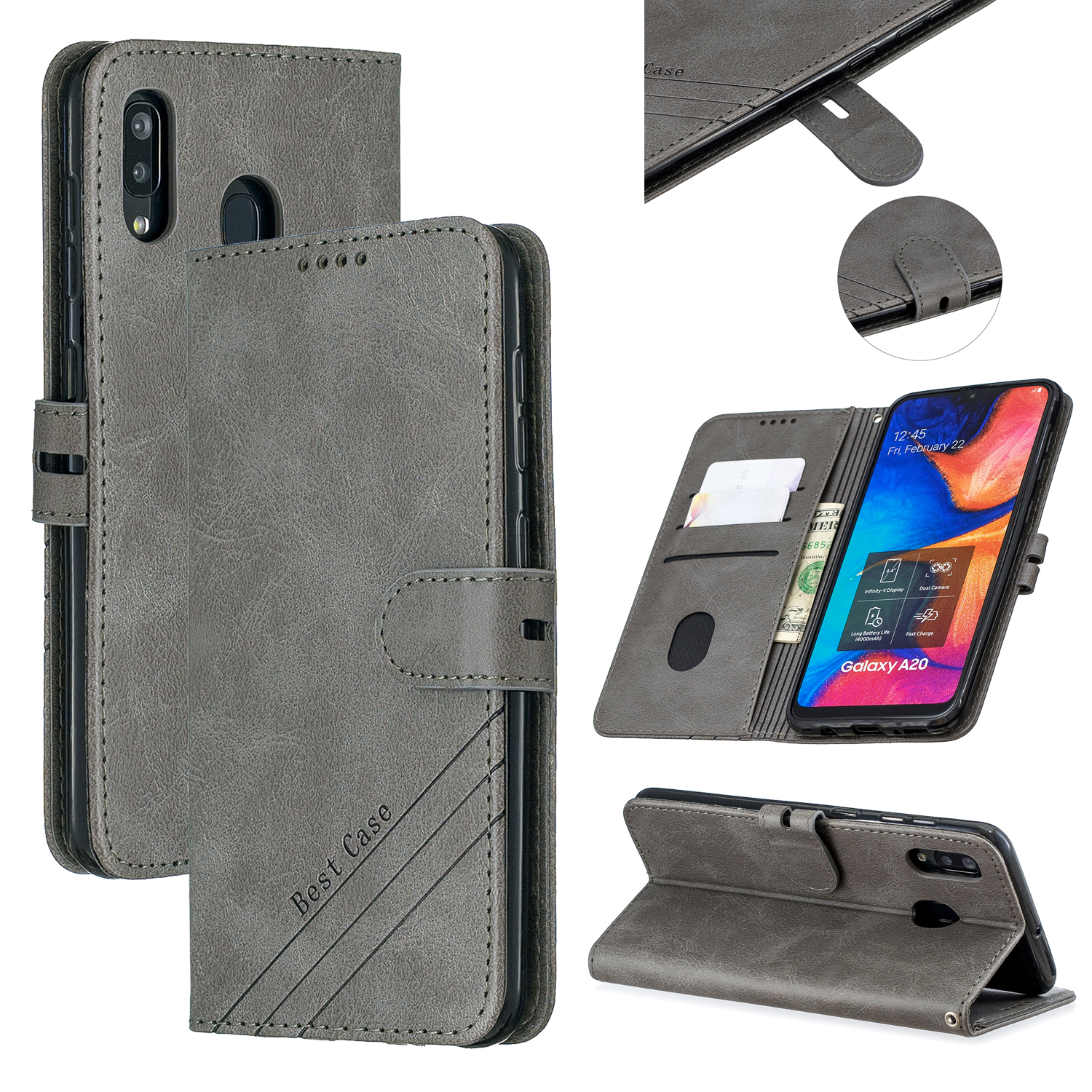 

Leather Stand Case with Card Slots for Samsung Galaxy A20 / A30 / A205 / Wide4 - Grey, Galaxy A20