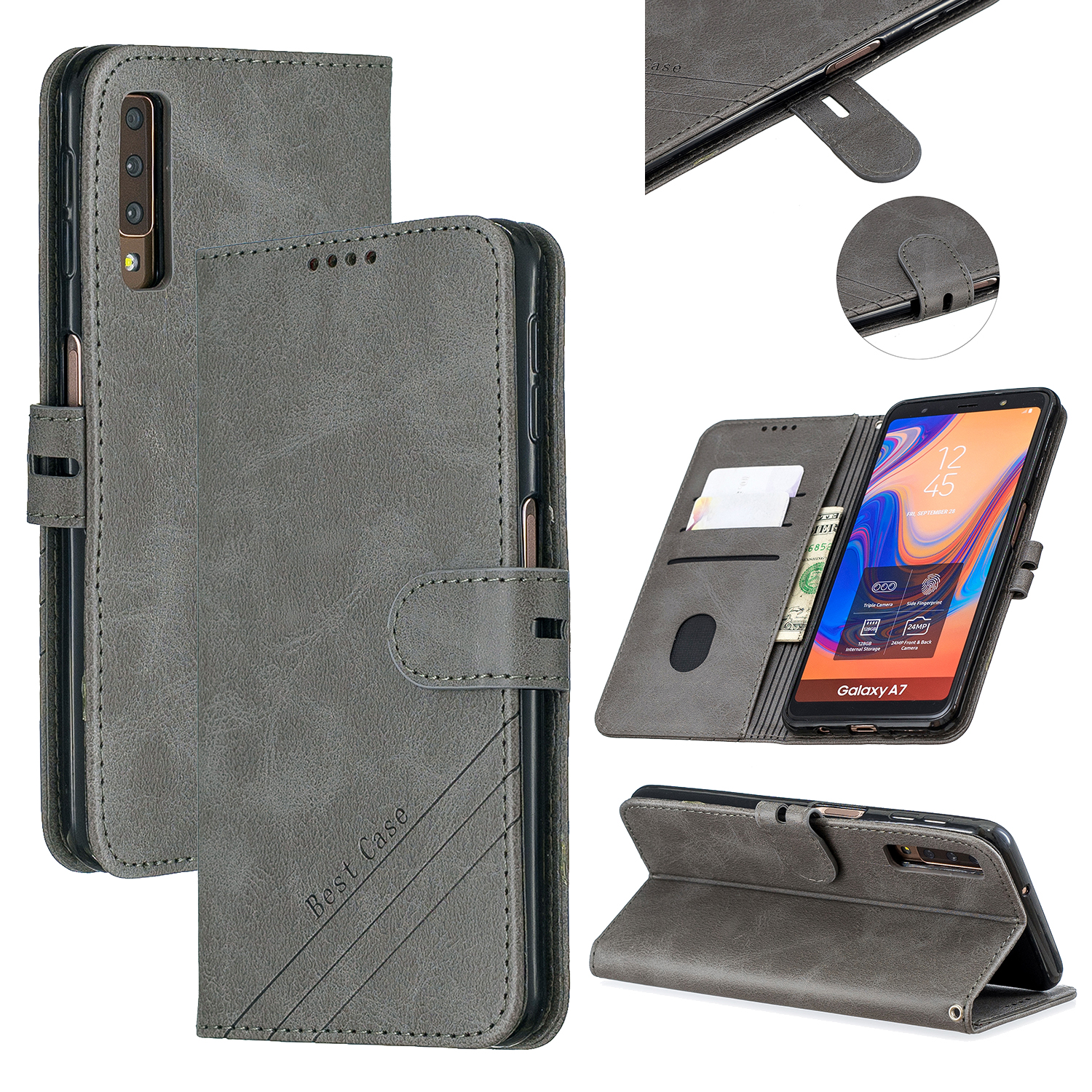 

Leather Case Wallet Stand Phone Shell for Samsung Galaxy A7 (2018)/A750 - Grey, Galaxy A7 (2018)