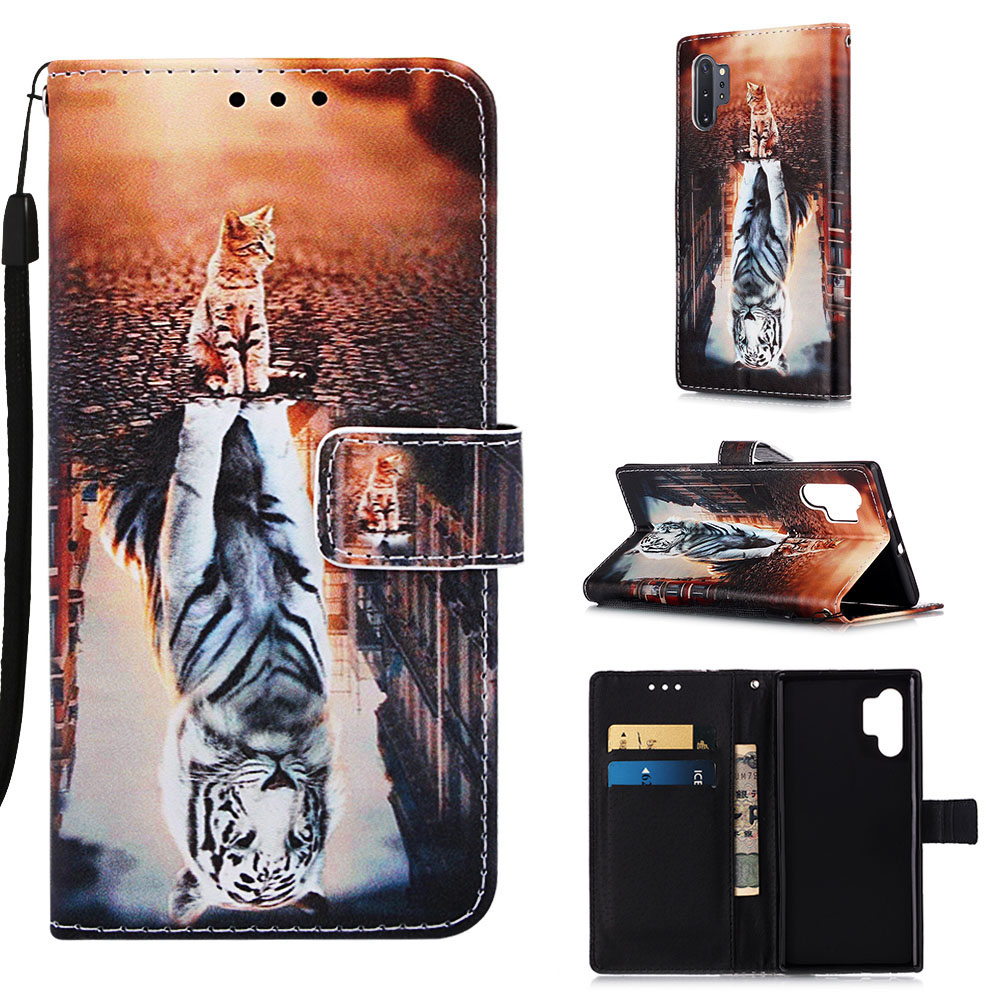 

Шаблон Печати PU Кожи Flip Stand Case Для Samsung Galaxy Note 10 Plus / Note 10 Plus 5G - Кот И Тигр, Galaxy Note 10 Plus 5G