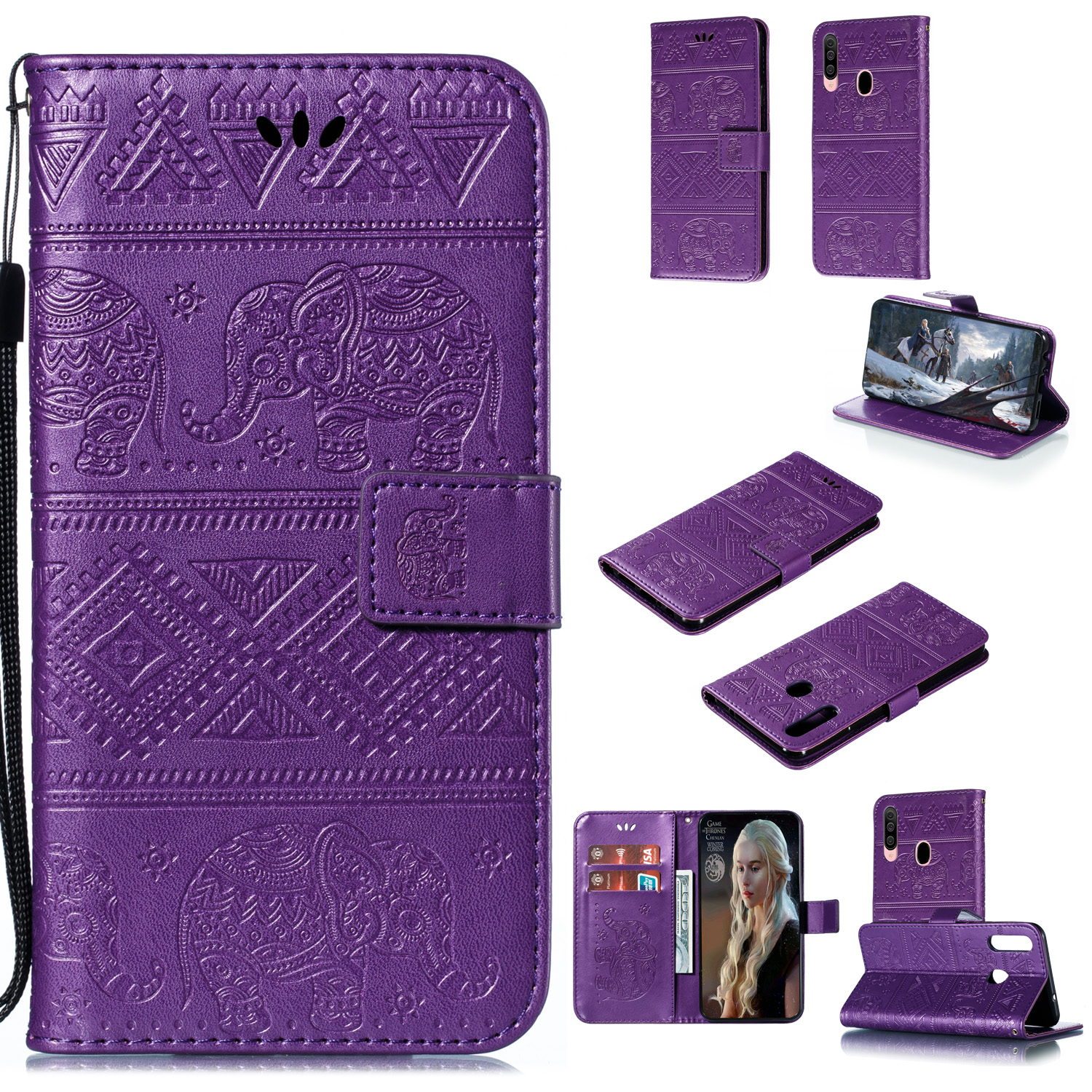 

Imprint Elephant Leather Wallet Stand Case for Samsung Galaxy A20s - Purple, Galaxy A20s