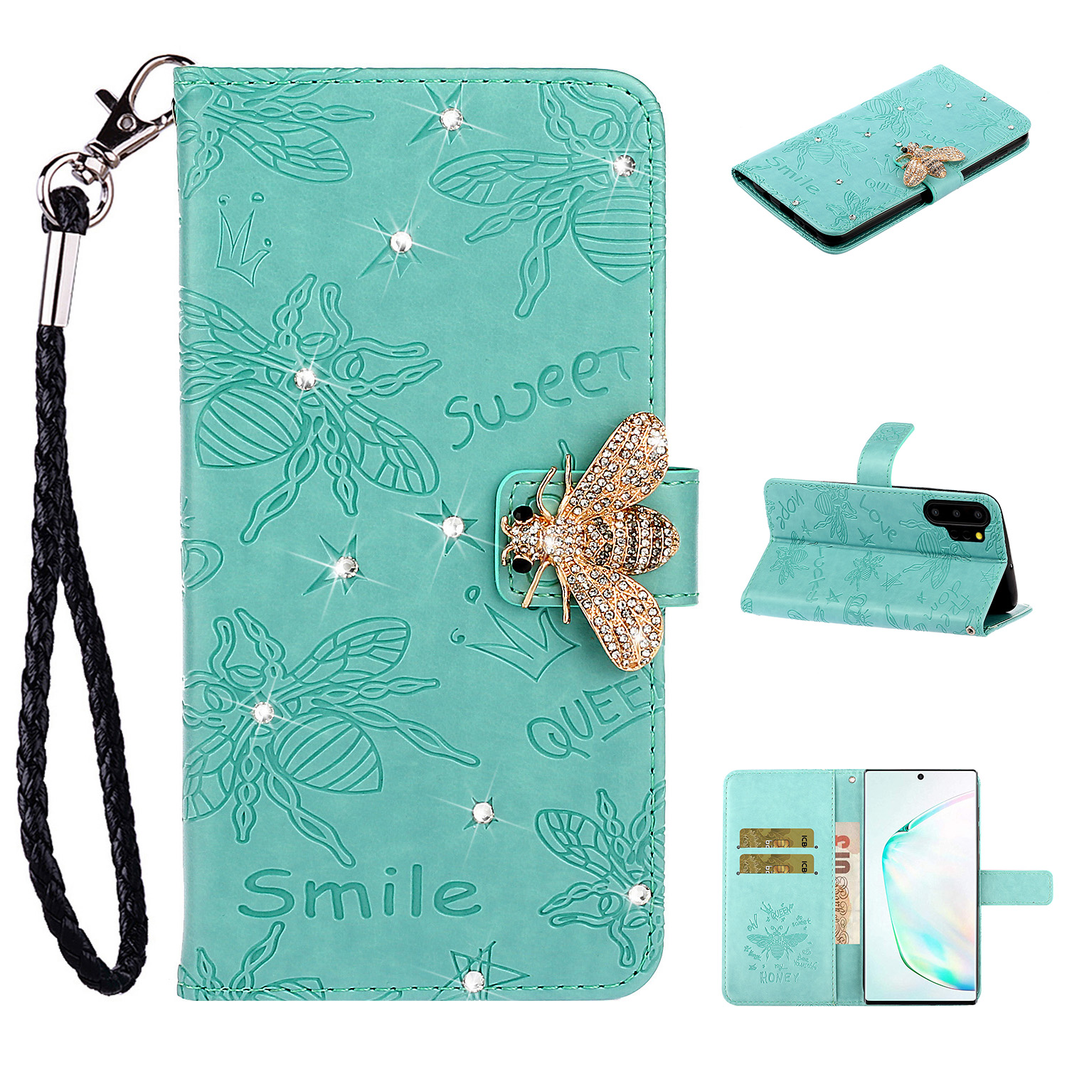 

Bee Pattern Rhinestone Decor Leather Wallet Stand Case for Samsung Galaxy Note 10 Plus/10 Plus 5G - Cyan, Galaxy Note 10 Plus