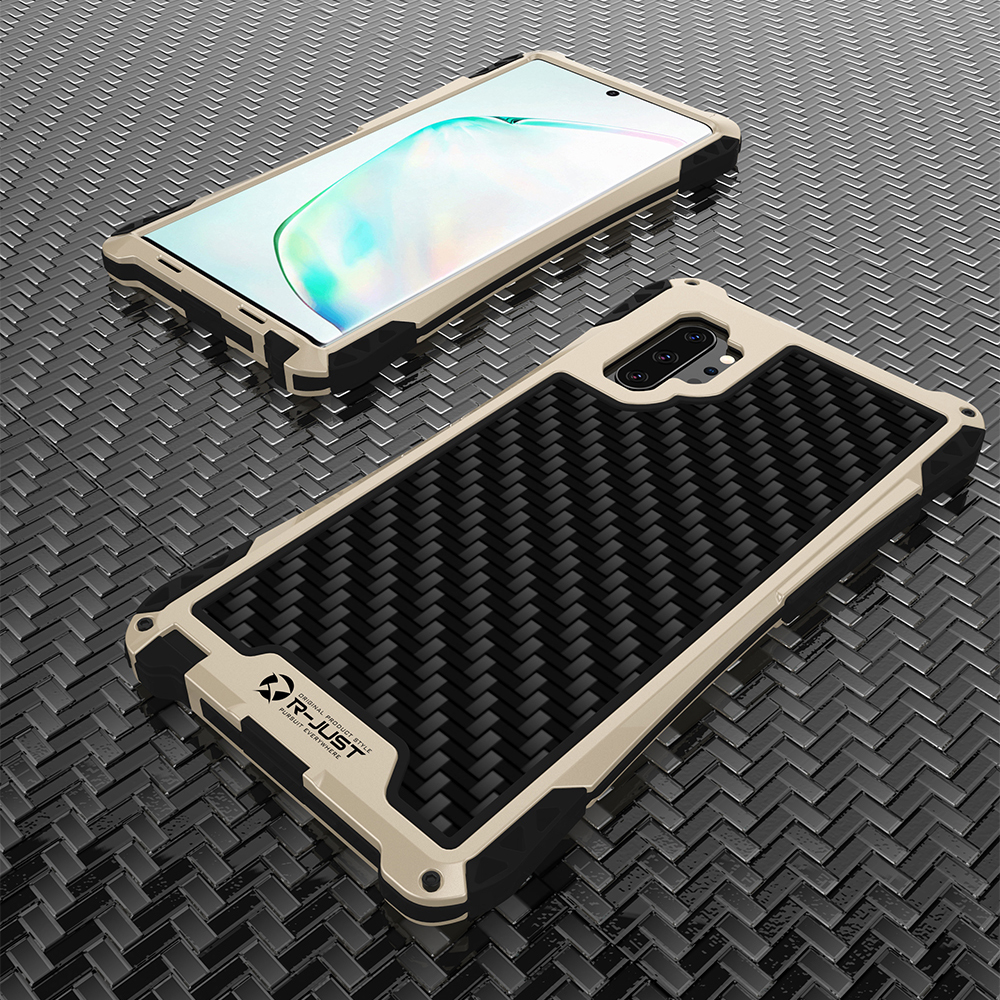 

R-JUST ShocKproof Carbon Fiber Texture Silicone + Metal Combo Shell for Samsung Galaxy Note 10 Plus/Note 10 Plus 5G - Black/Gold, Galaxy Note 10 Plus 5G