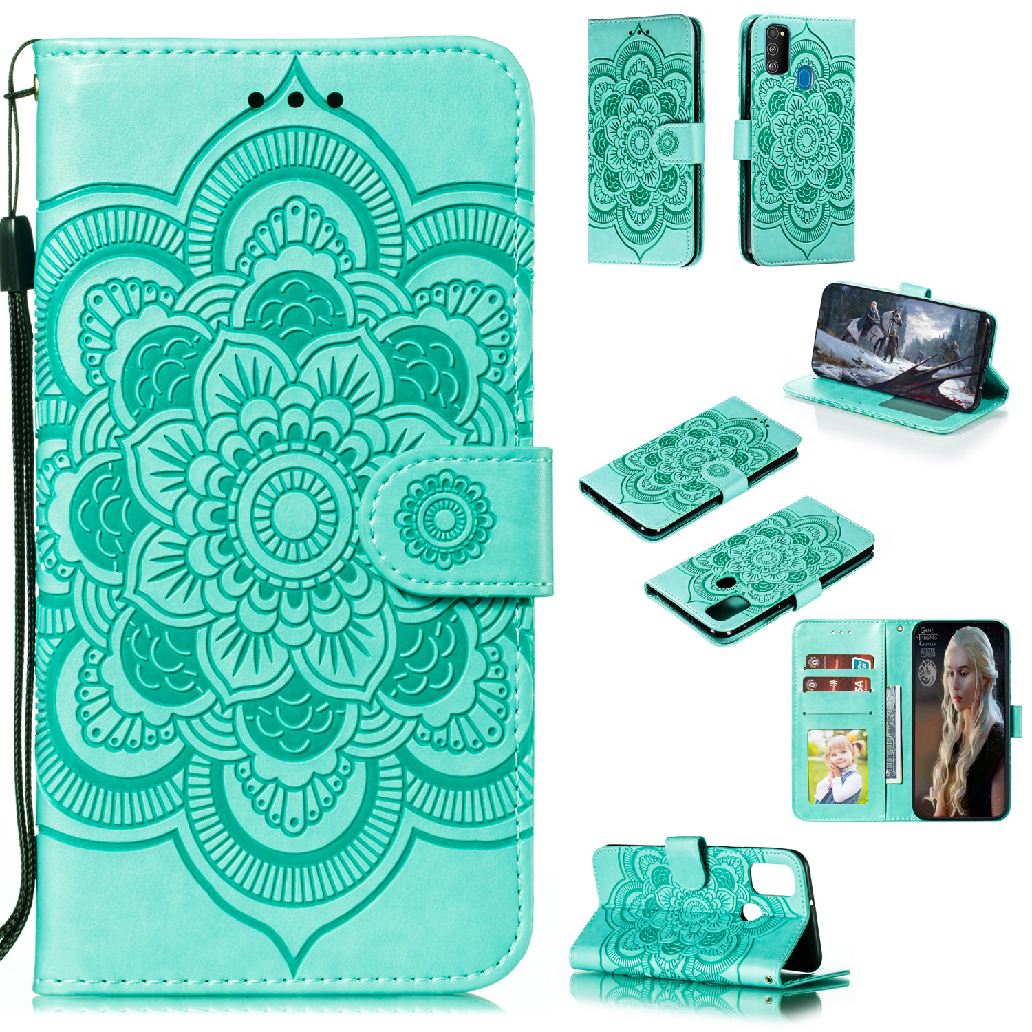 

Imprint Mandala Flower Leather Wallet Stand Case for Samsung Galaxy M30s / M21 - Cyan, Galaxy M30s